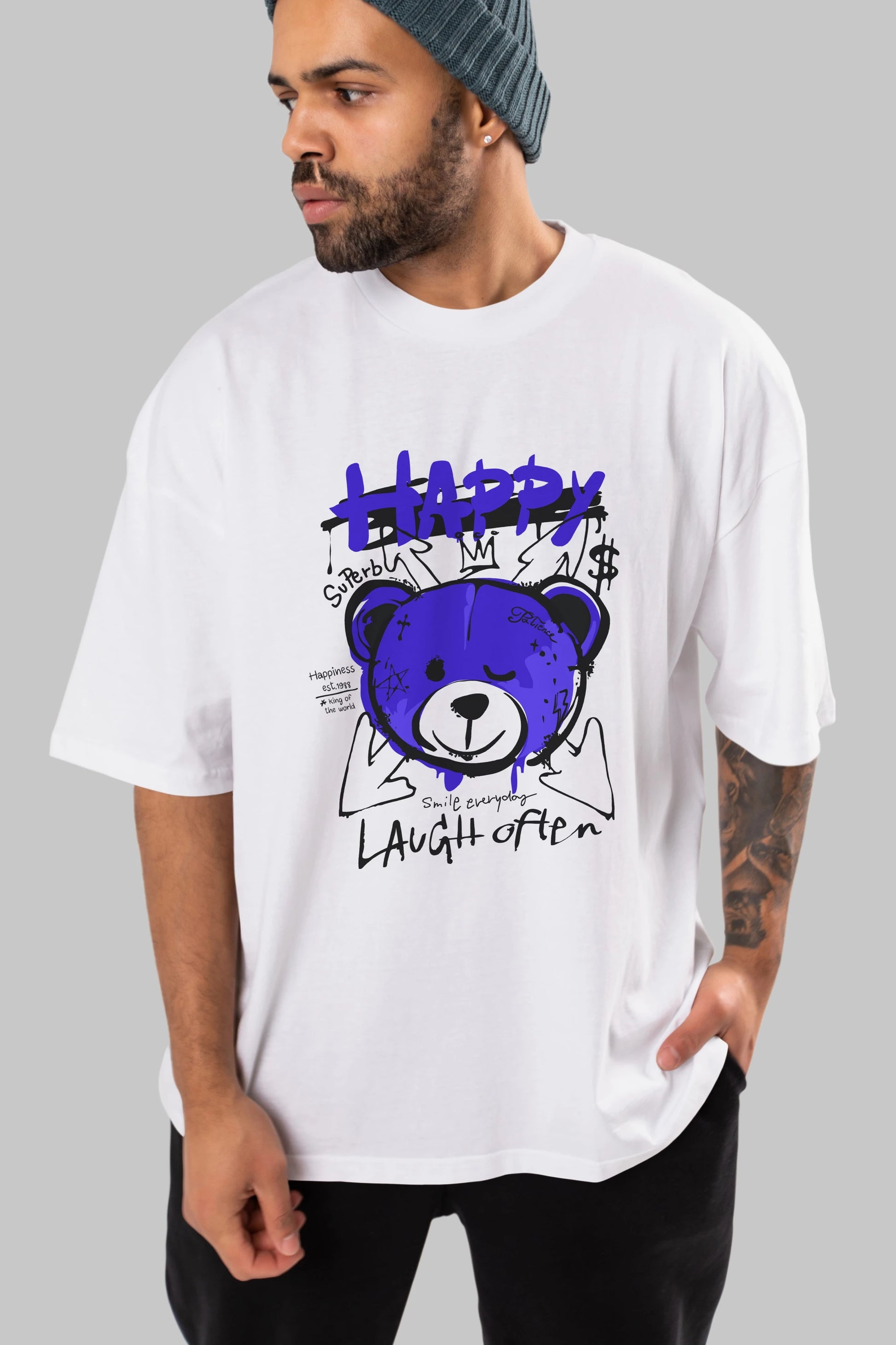 Happy Bear Ön Baskılı Oversize t-shirt Erkek Kadın Unisex