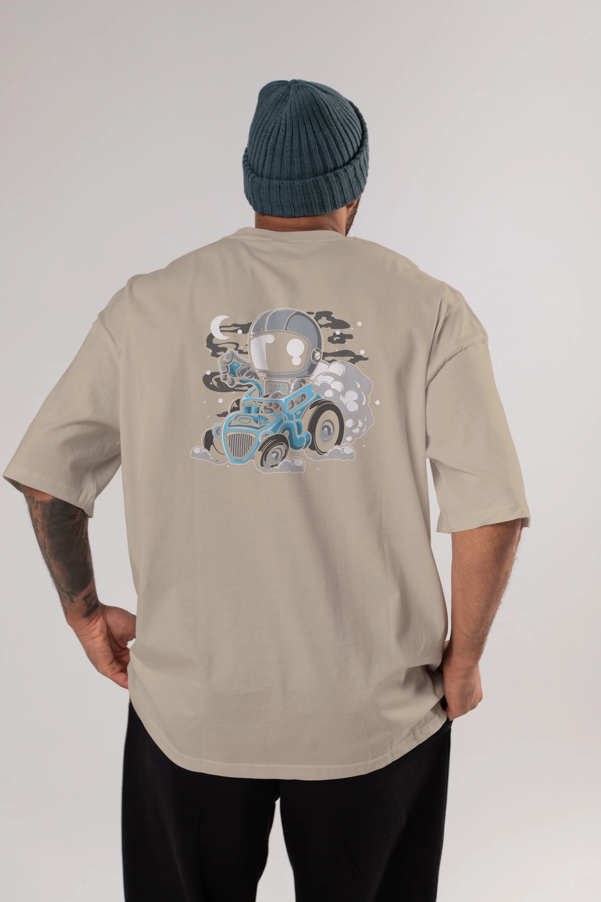 Astronaut Hotrod Arka Baskılı Oversize t-shirt Erkek Kadın Unisex