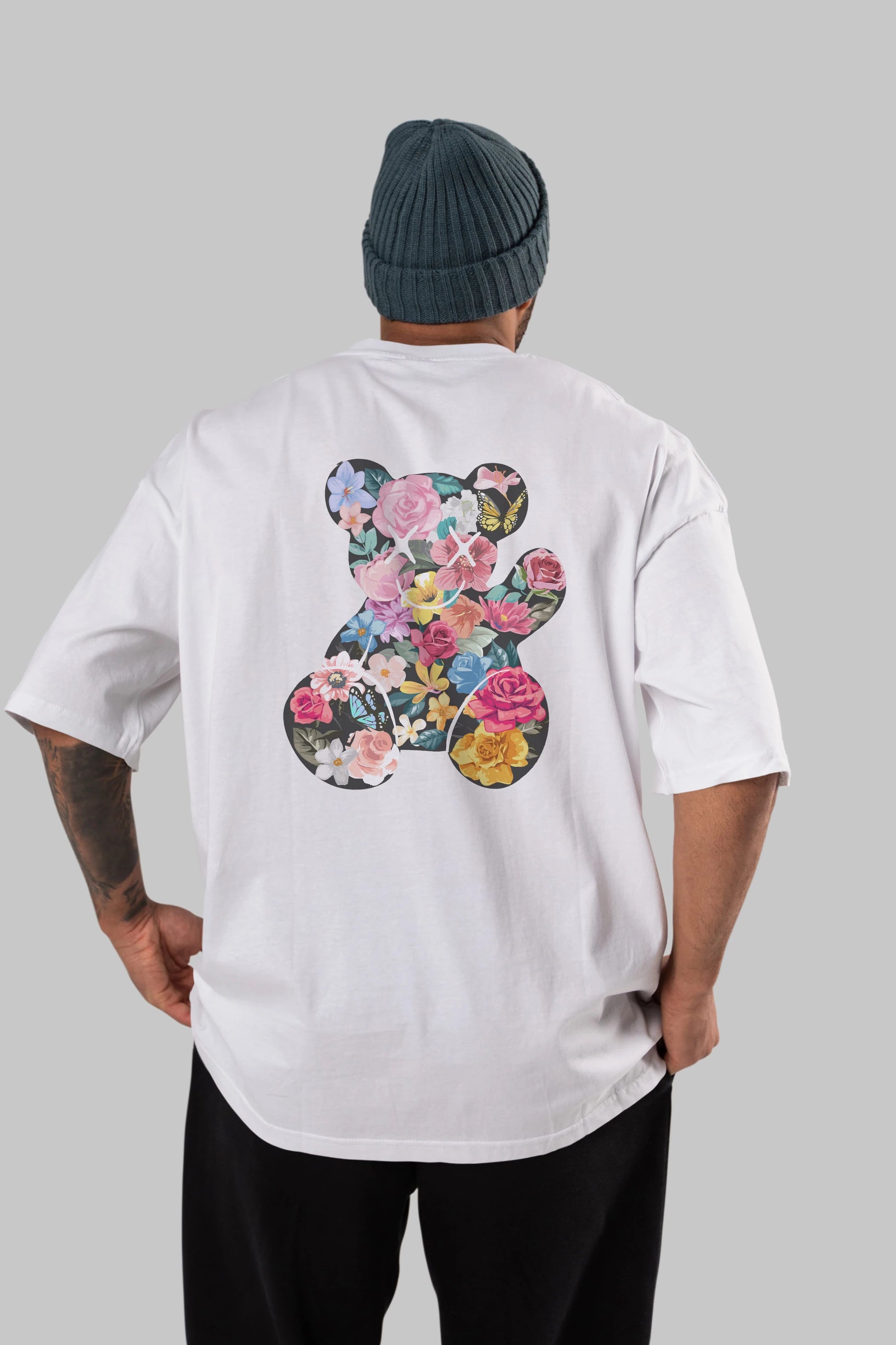 Flowers Bear Arka Baskılı Oversize t-shirt Erkek Kadın Unisex