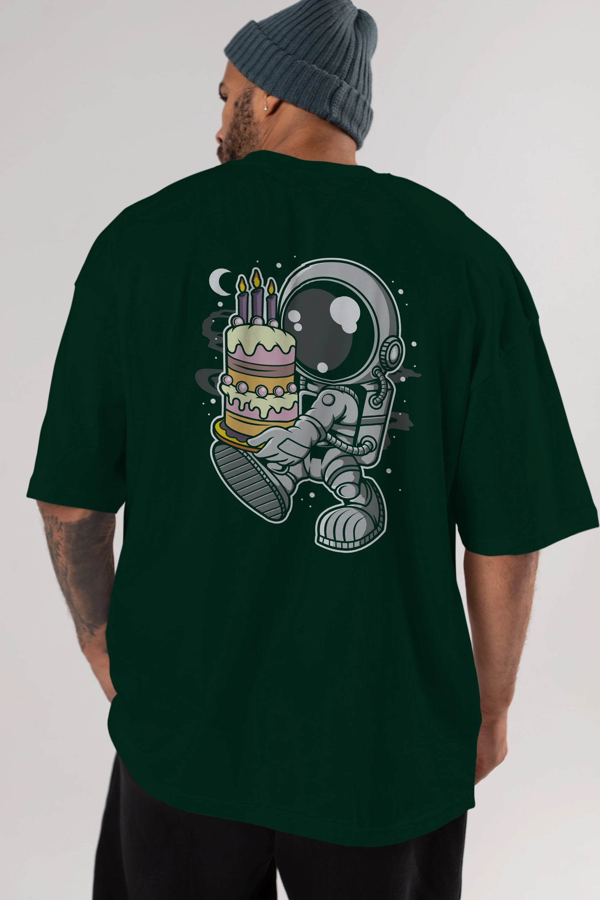 Astronaut Birthday Cake Arka Baskılı Oversize t-shirt Erkek Kadın Unisex