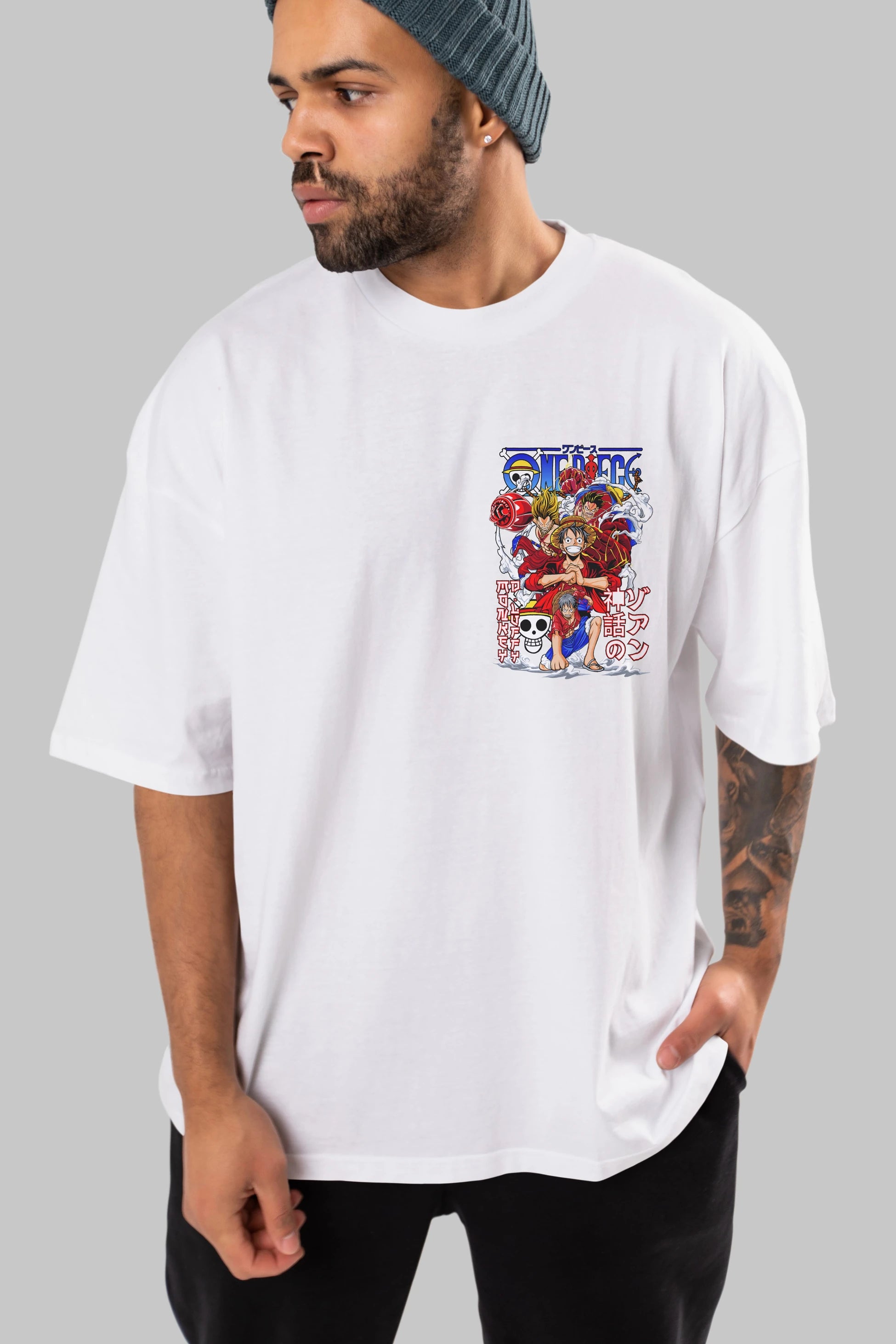MONKEY D. LUFF-ONE PIECE 2 Ön Sol Baskılı Oversize t-shirt Erkek Kadın Unisex %100 Pamuk Bisiklet Yaka tişort