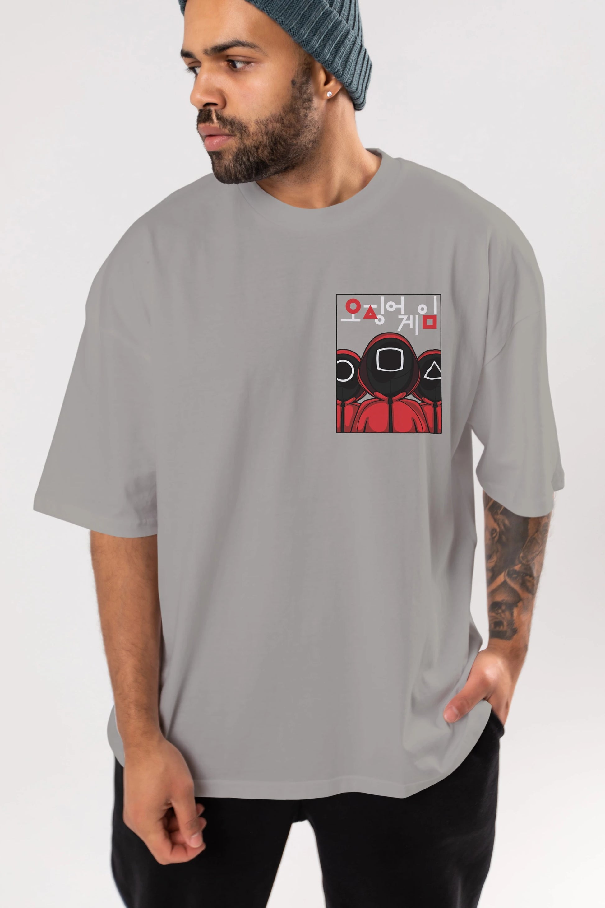 Squid Game (7) Ön Sol Baskılı Oversize t-shirt Erkek Kadın Unisex %100 Pamuk Bisiklet Yaka tişort