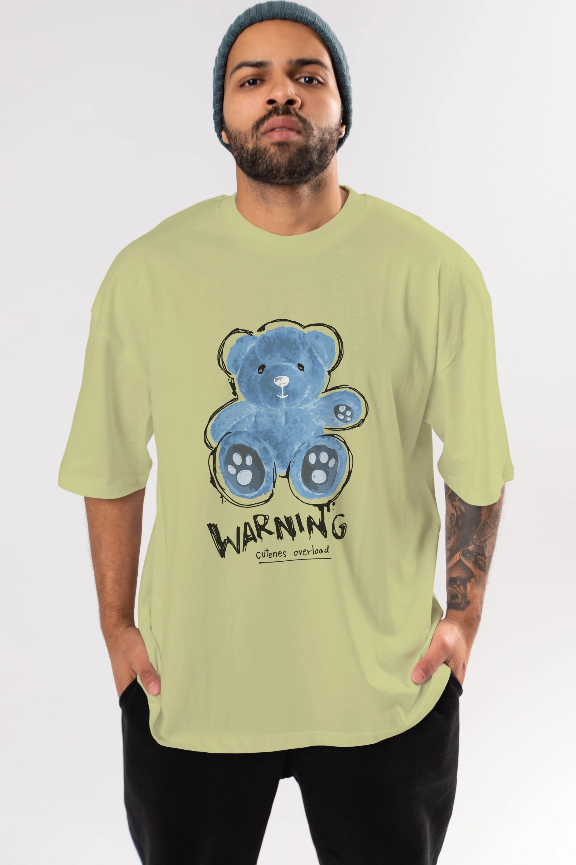 Warning Cuteness Bear Ön Baskılı Oversize t-shirt Erkek Kadın Unisex