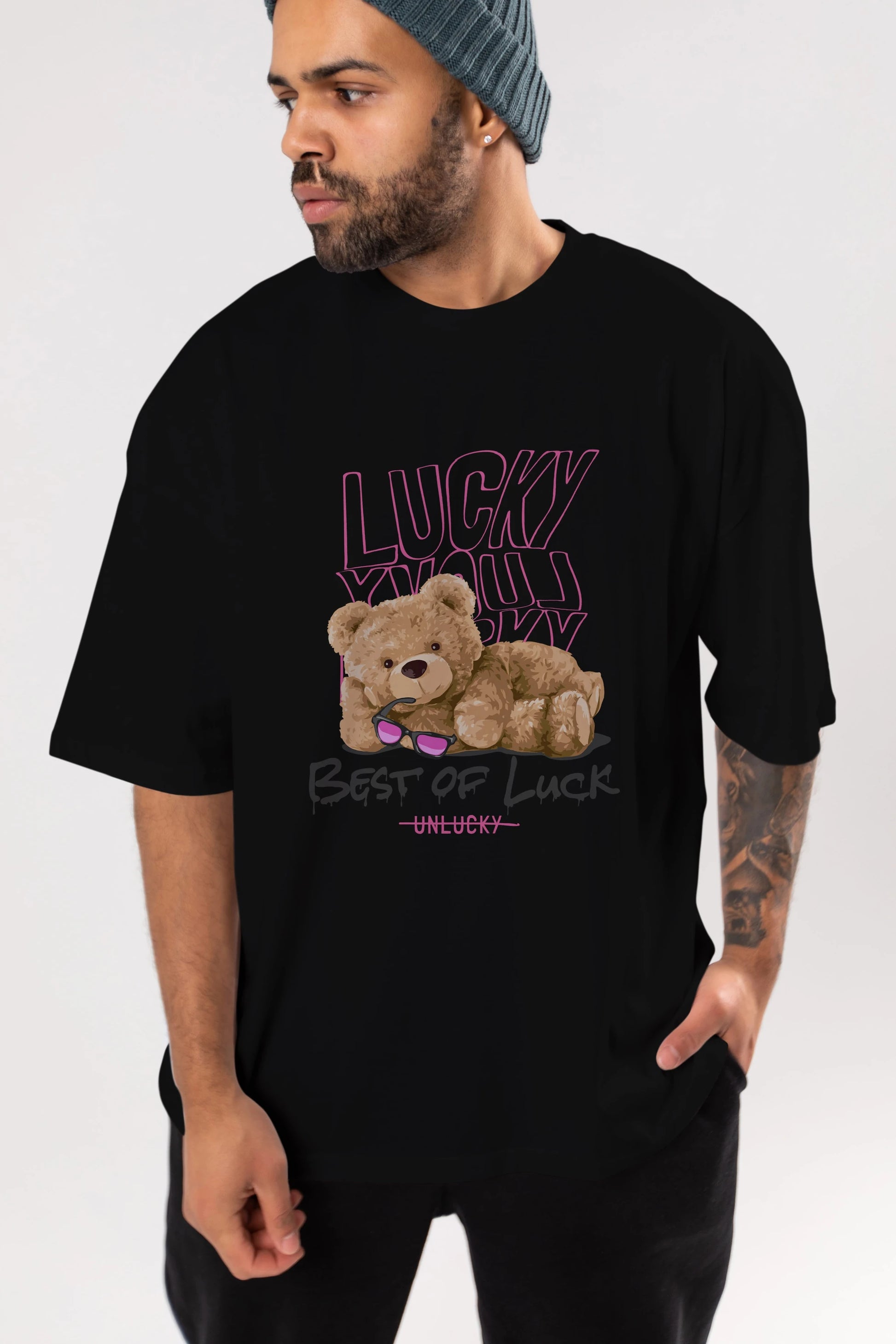 Best of Lucky Bear Ön Baskılı Oversize t-shirt Erkek Kadın Unisex