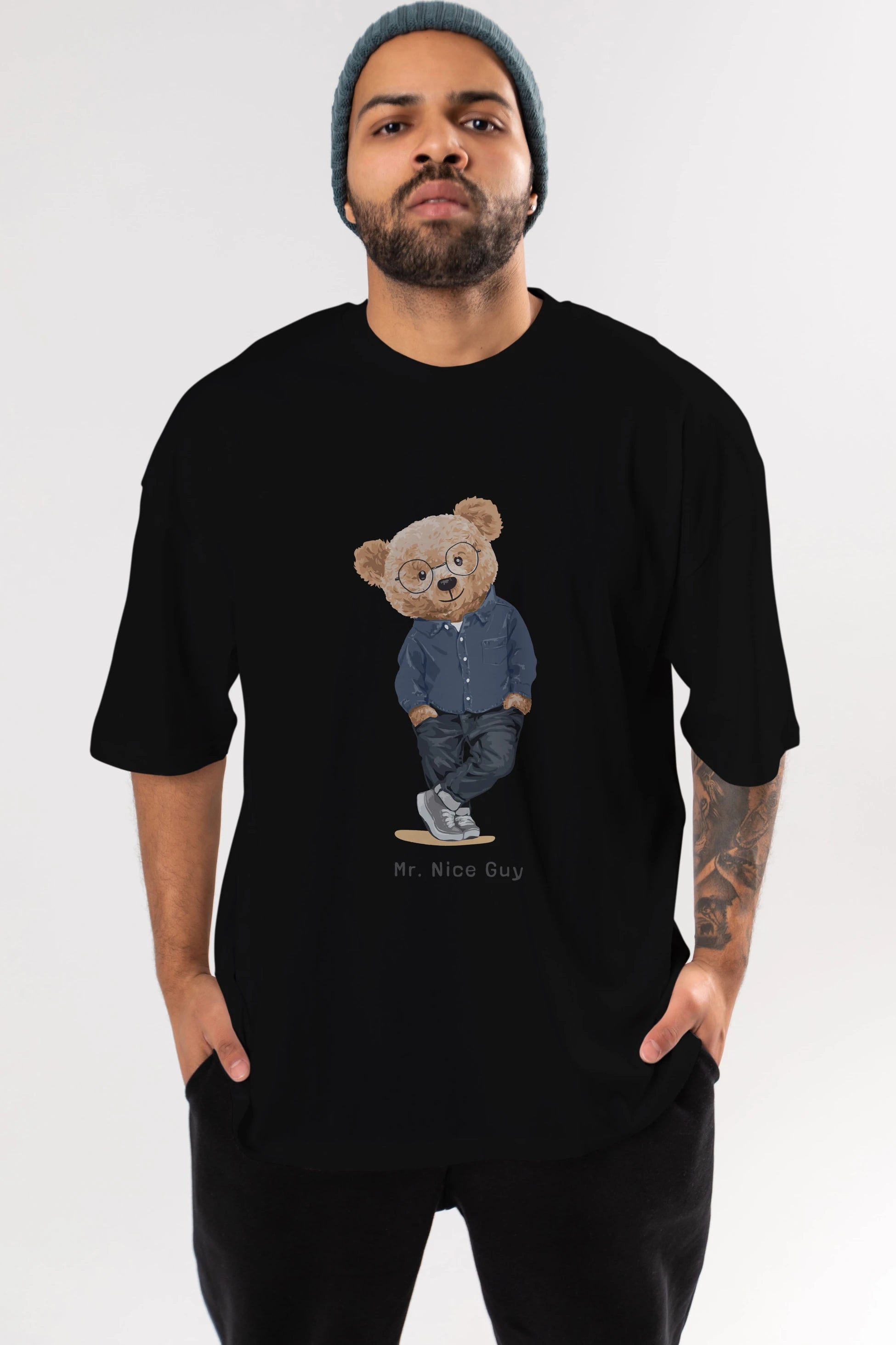 Teddy Bear Mr. Nice Guy Ön Baskılı Oversize t-shirt Erkek Kadın Unisex %100 Pamuk