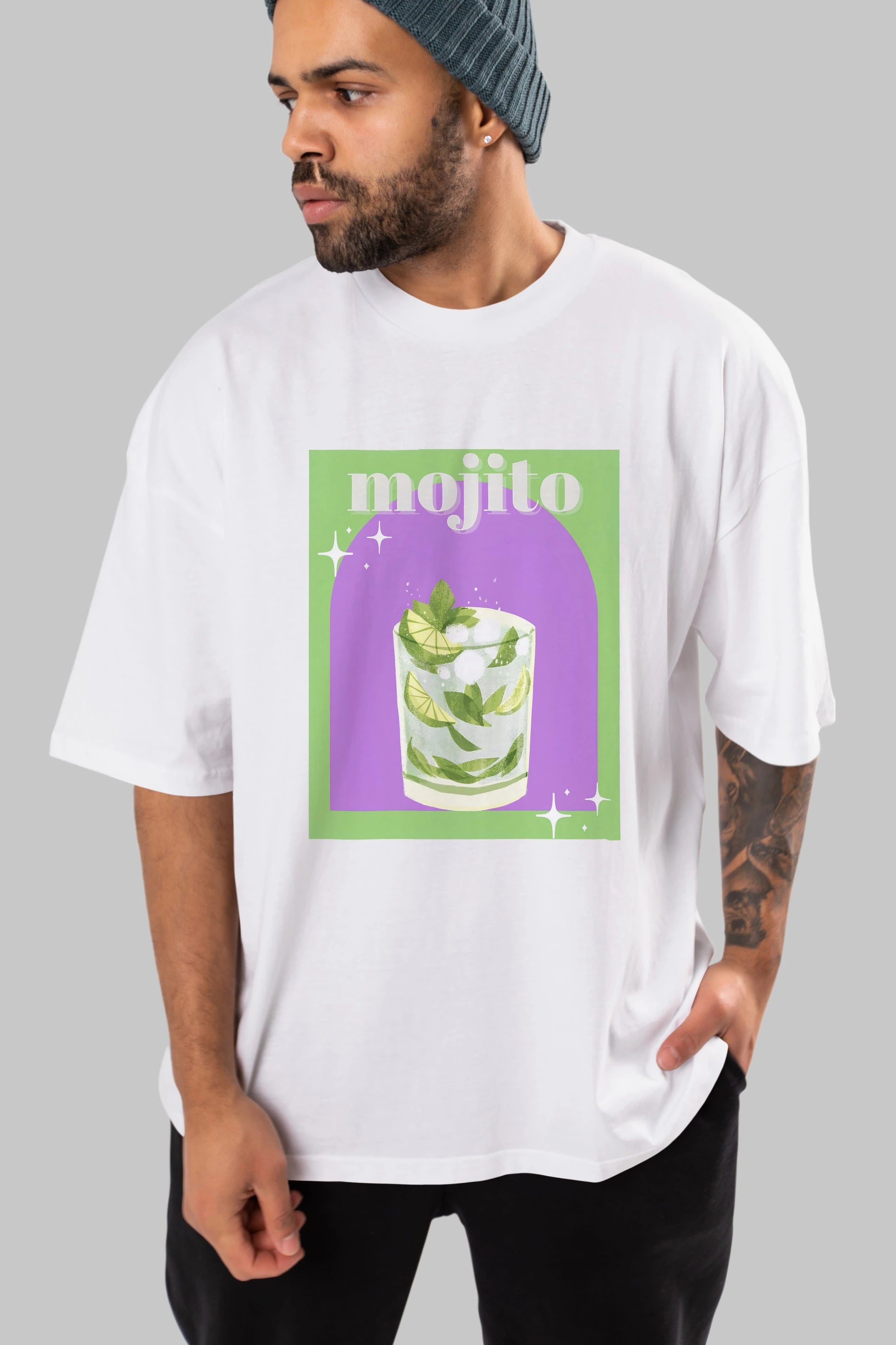 Mojito 3 Ön Baskılı Oversize t-shirt Erkek Kadın Unisex %100 Pamuk Bisiklet Yaka tişort