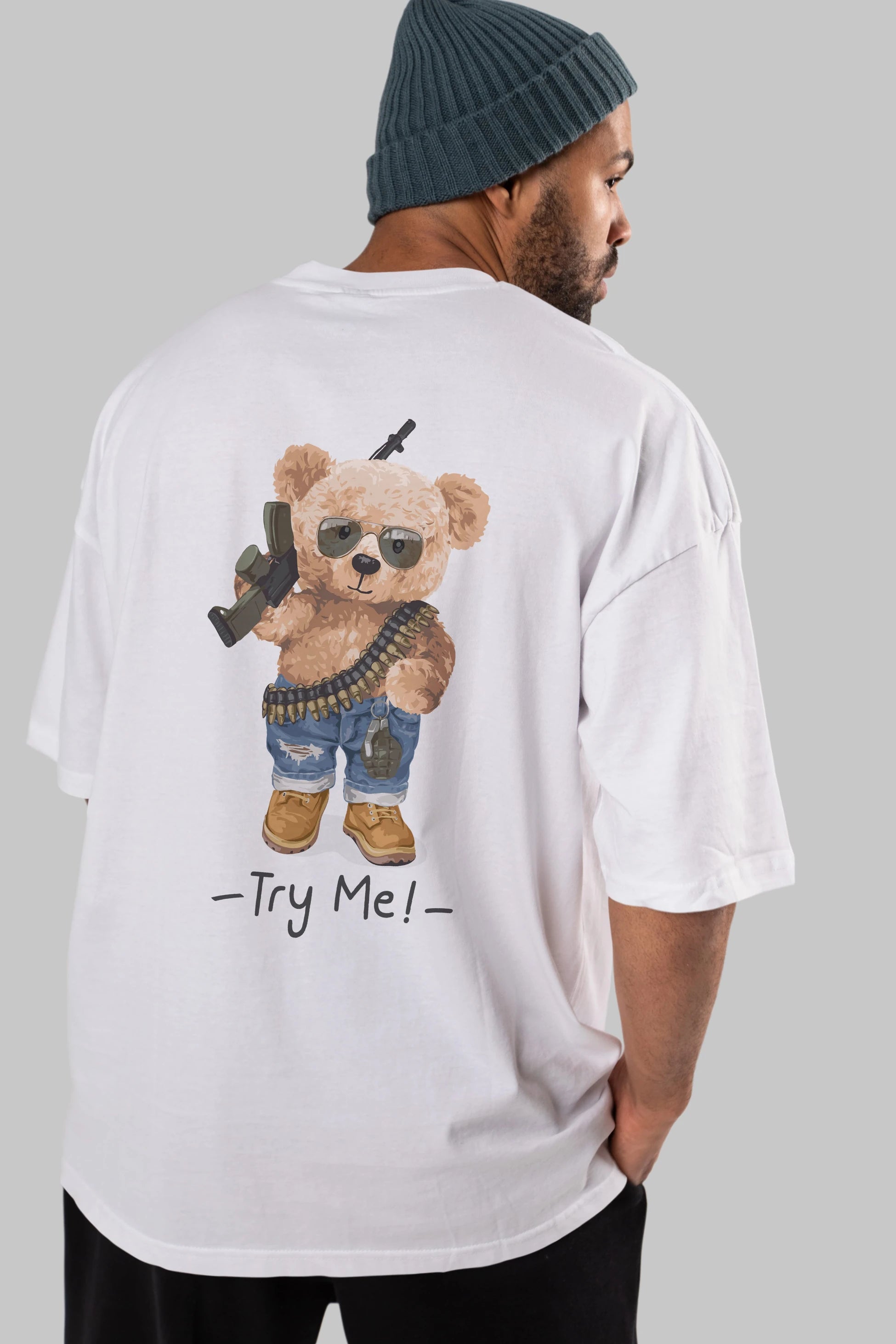 Teddy Bear Try Me Arka Baskılı Oversize t-shirt Erkek Kadın Unisex %100 Pamuk