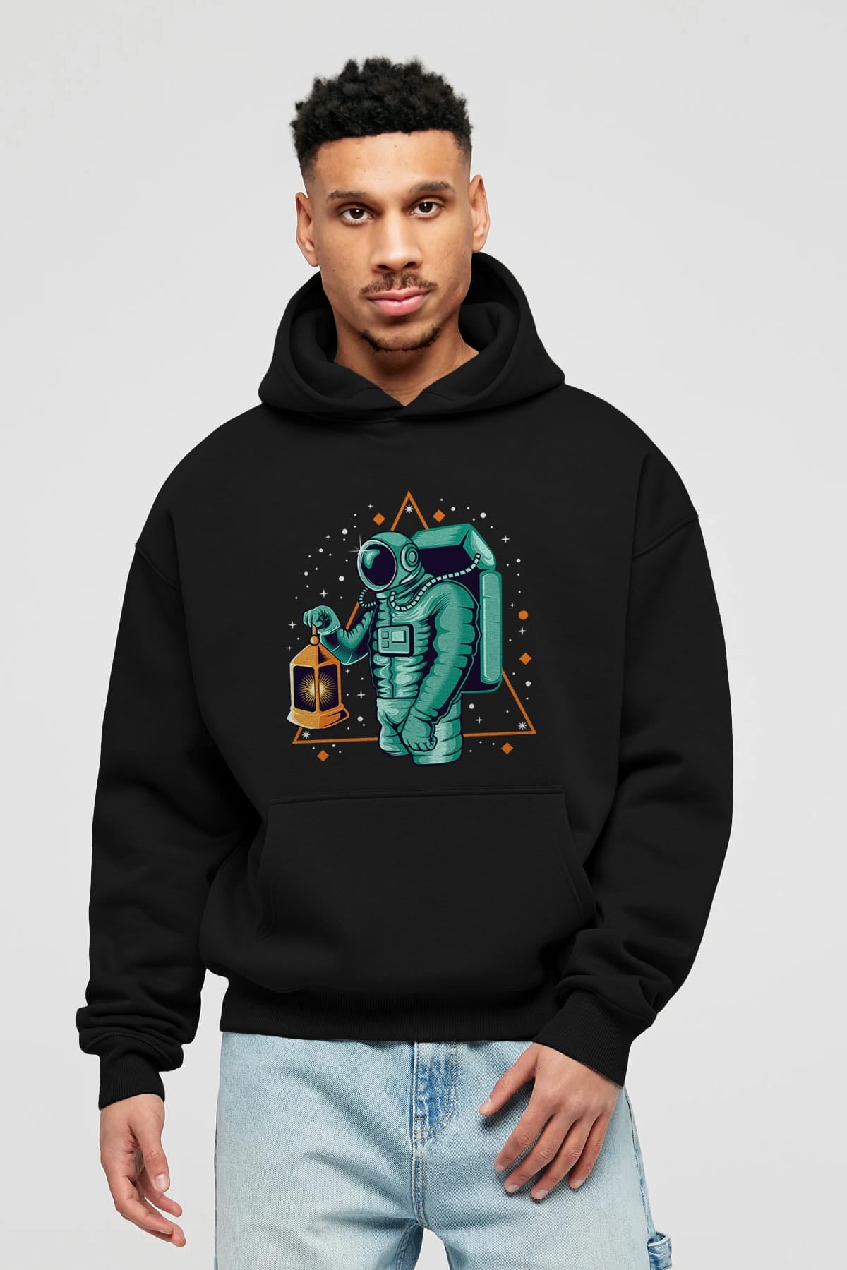 Astronaut Lantern Ön Baskılı Hoodie Oversize Kapüşonlu Sweatshirt Erkek Kadın Unisex