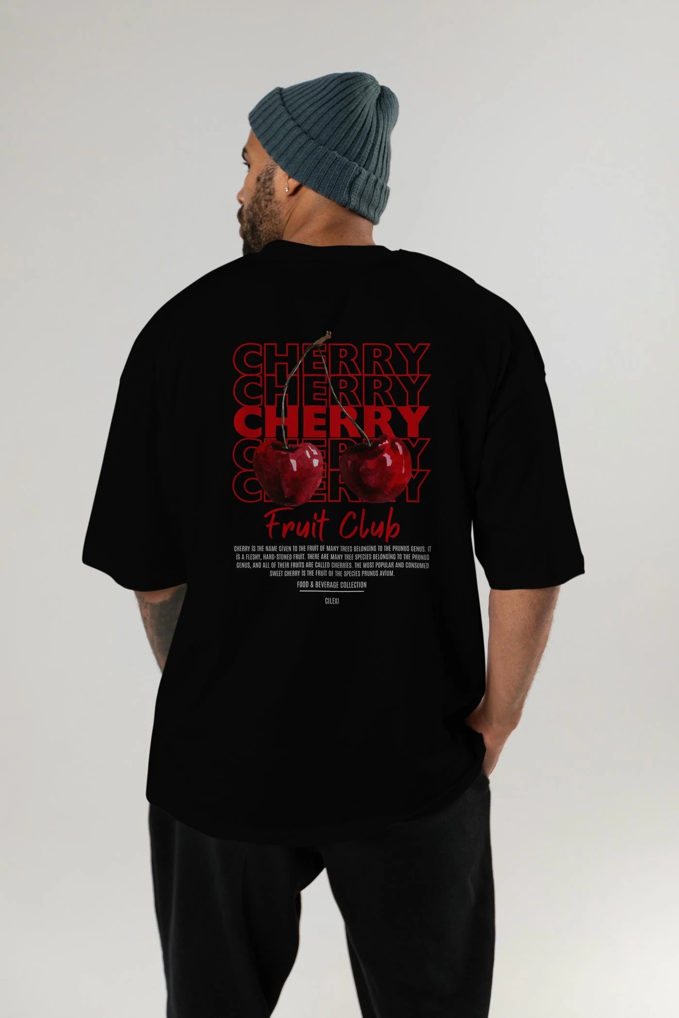 Cherry Arka Baskılı Oversize t-shirt Erkek Kadın Pamuk Bisiklet Yaka tişort
