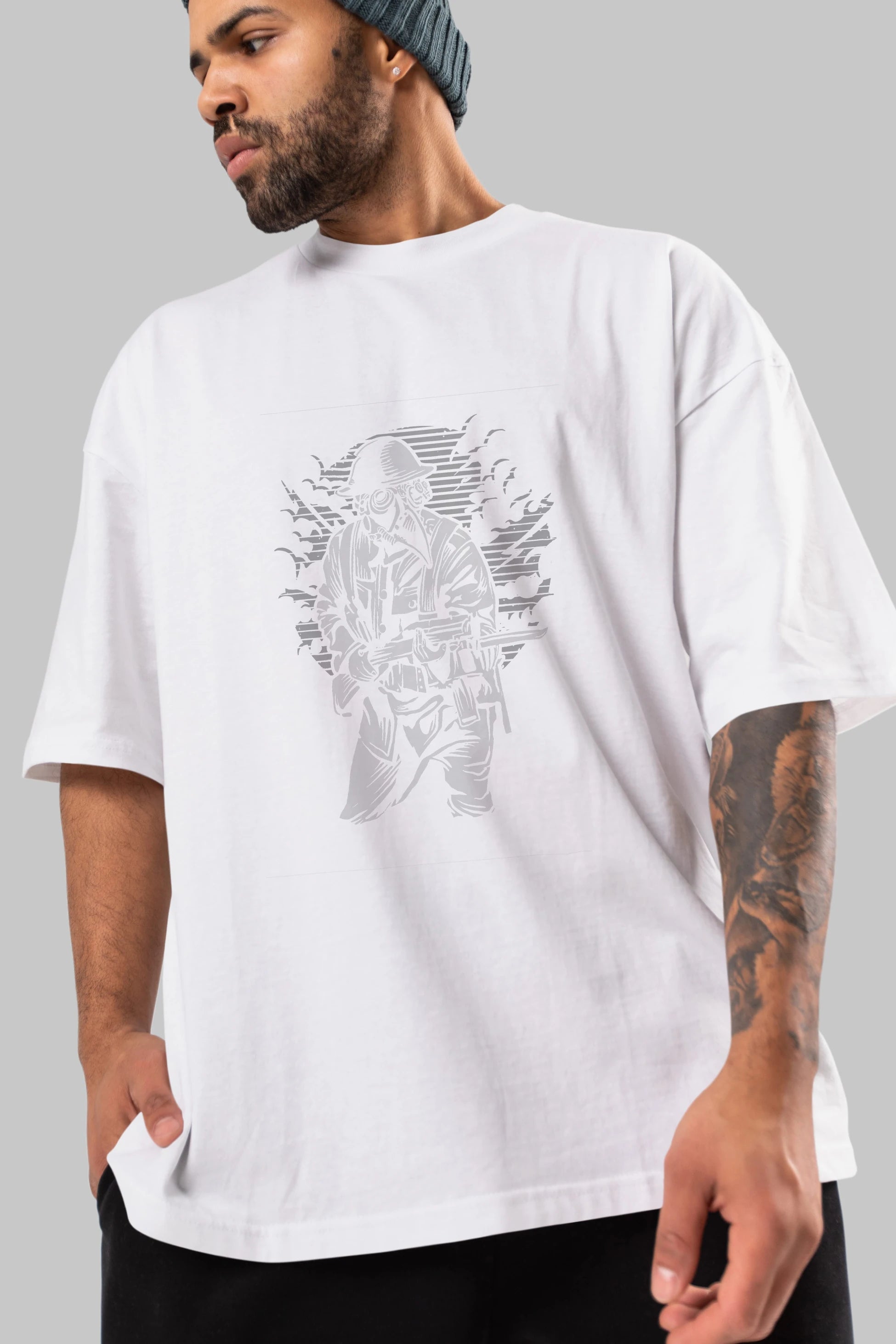 Steampunk Style Soldier Ön Baskılı Oversize t-shirt Erkek Kadın Unisex %100 Pamuk tişort