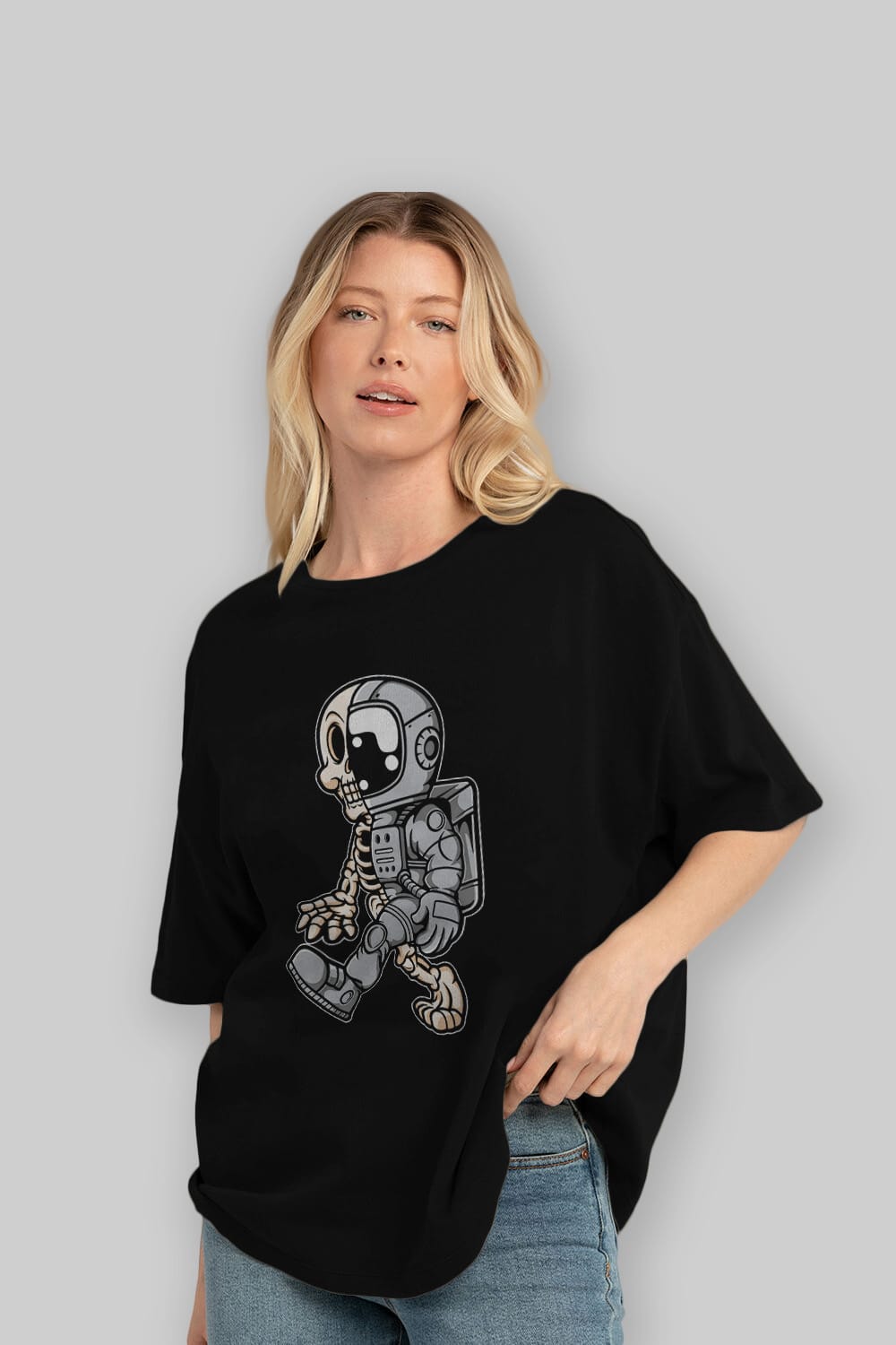 Astronaut Half Skull Ön Baskılı Oversize t-shirt Erkek Kadın Unisex