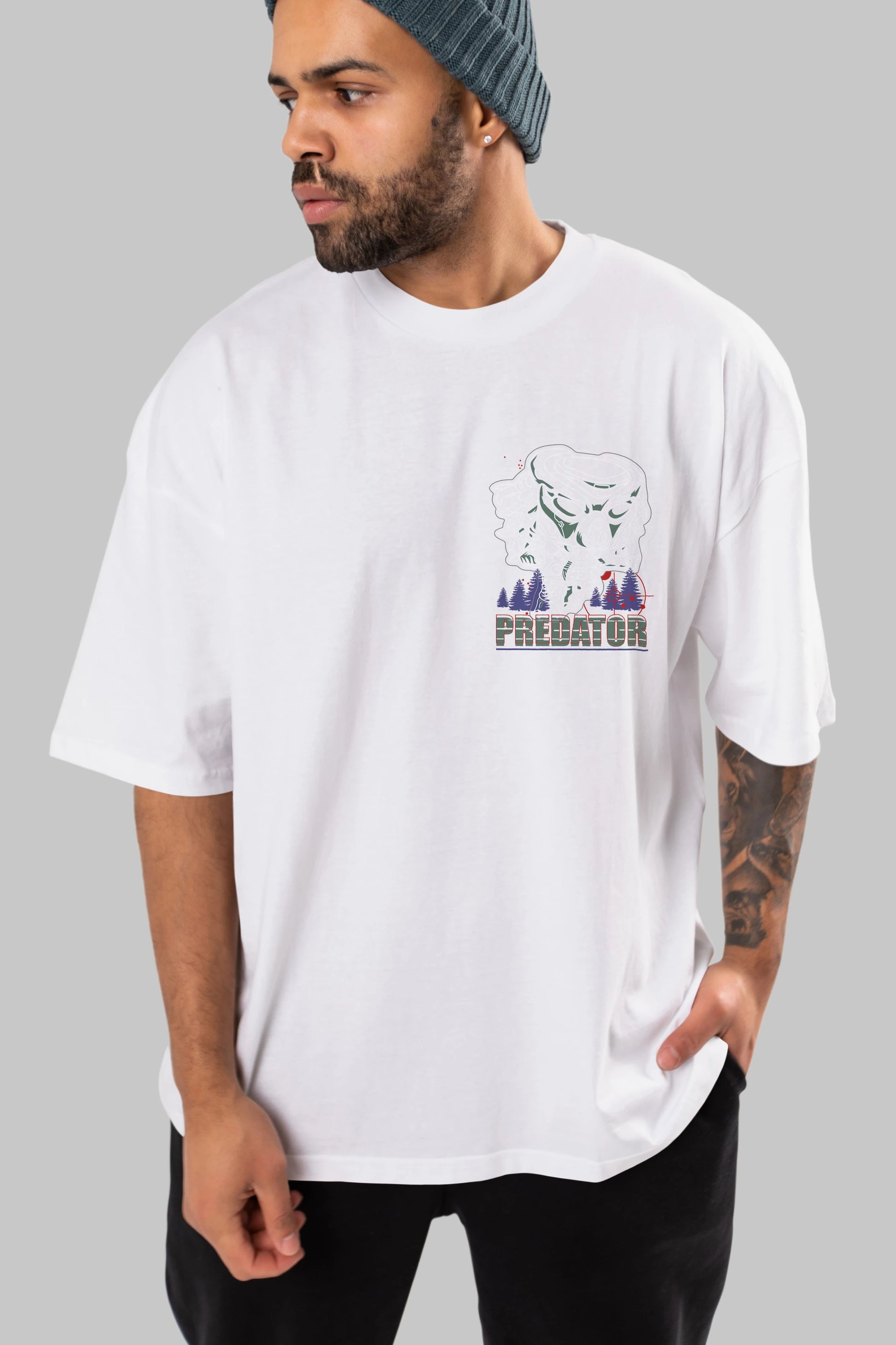 Predator Ön Sol Baskılı Oversize t-shirt Erkek Kadın Unisex %100 Pamuk Bisiklet Yaka tişort