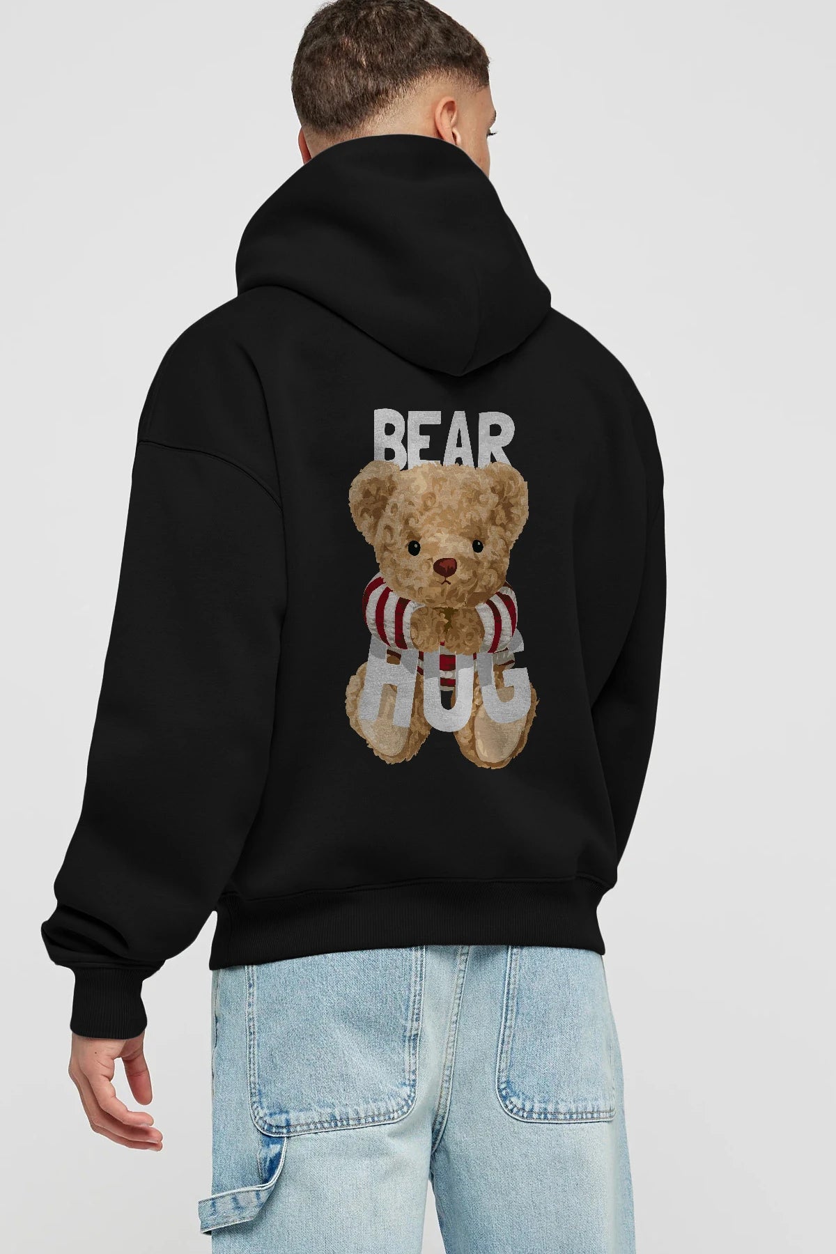 Teddy Bear Hug Arka Baskılı Hoodie Oversize Kapüşonlu Sweatshirt Erkek Kadın Unisex