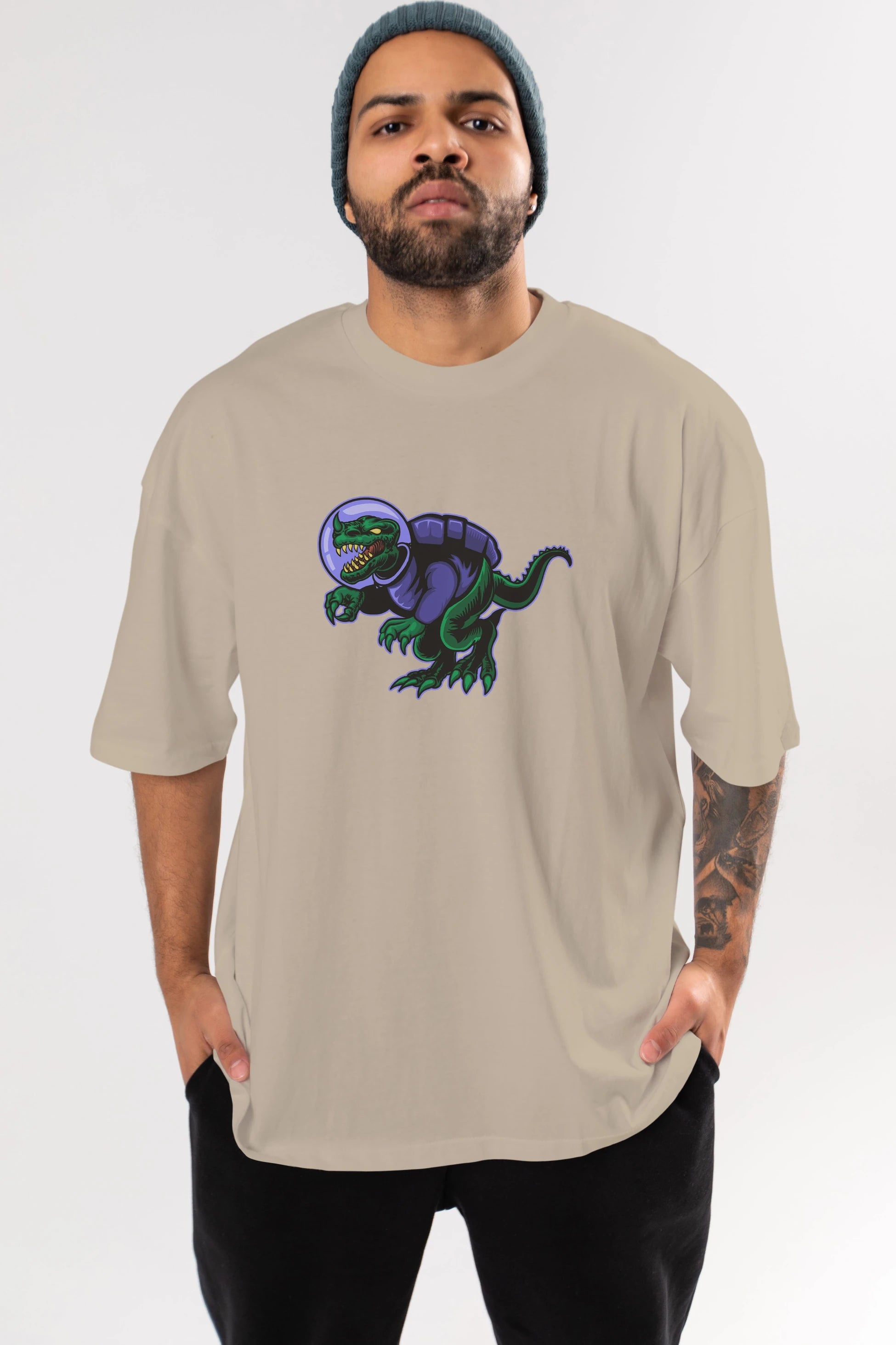 Space Dino Ön Baskılı Oversize t-shirt Erkek Kadın Unisex