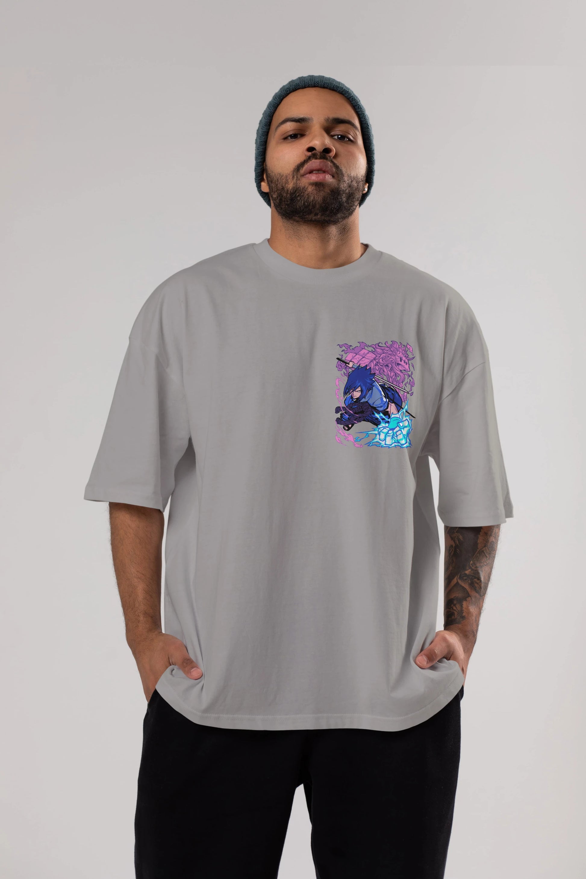 NARUTO SASUKE UCHIHA 2 Ön Sol Baskılı Oversize t-shirt Erkek Kadın Unisex %100 Pamuk Bisiklet Yaka tişort