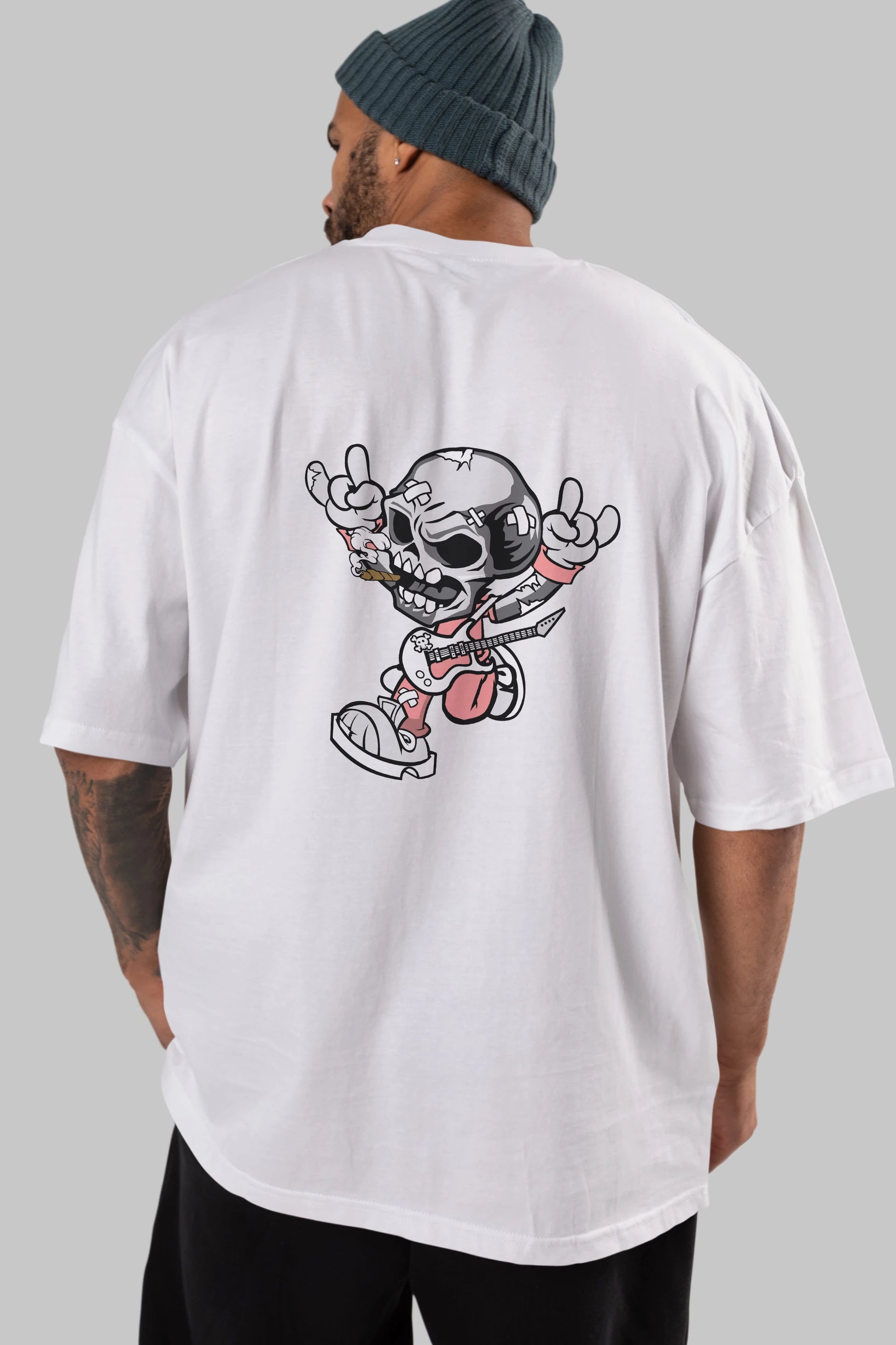 Skull Metal Sign Arka Baskılı Oversize t-shirt Erkek Kadın Unisex %100 Pamuk tişort