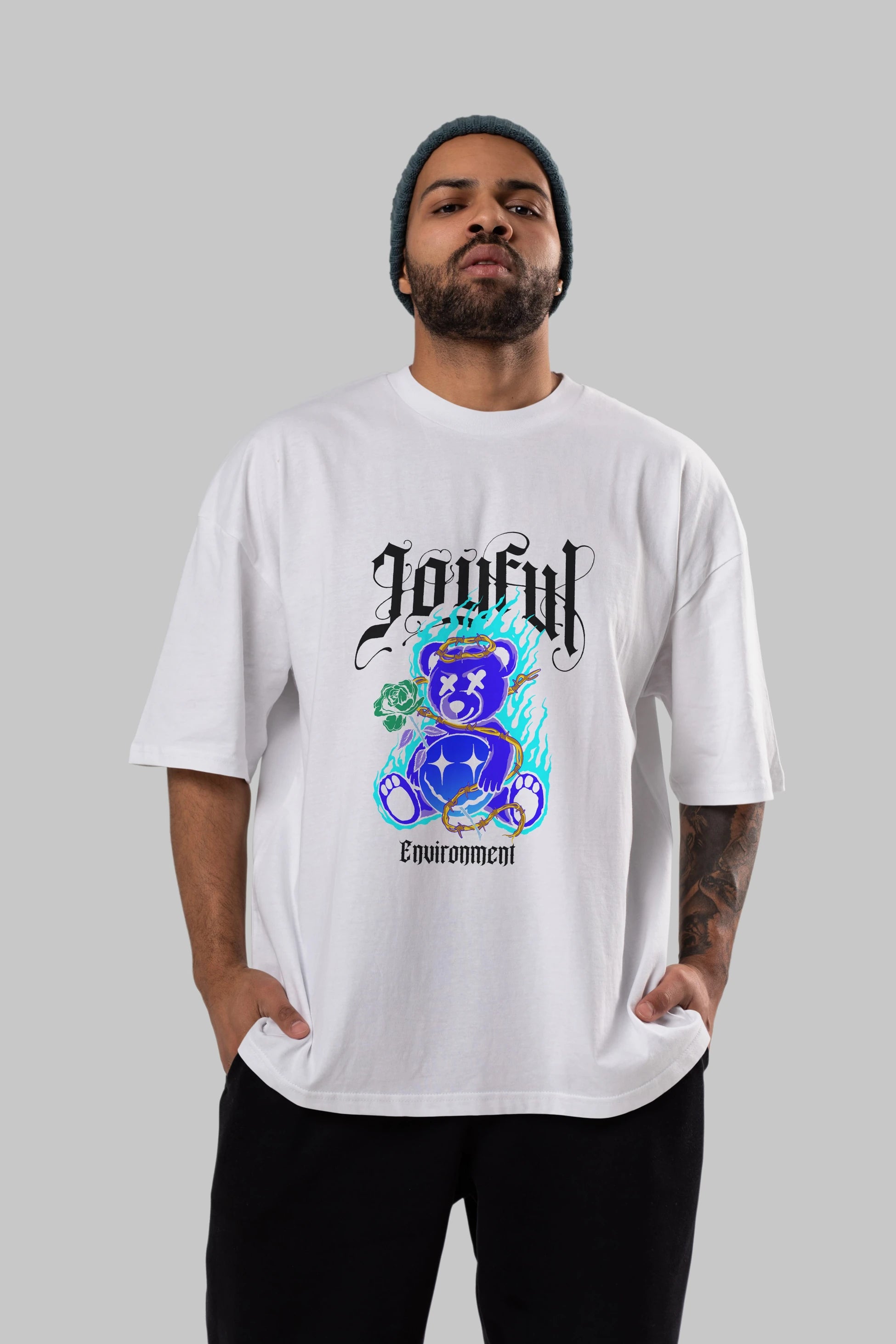 Joyful Bear Ön Baskılı Oversize t-shirt Erkek Kadın Unisex