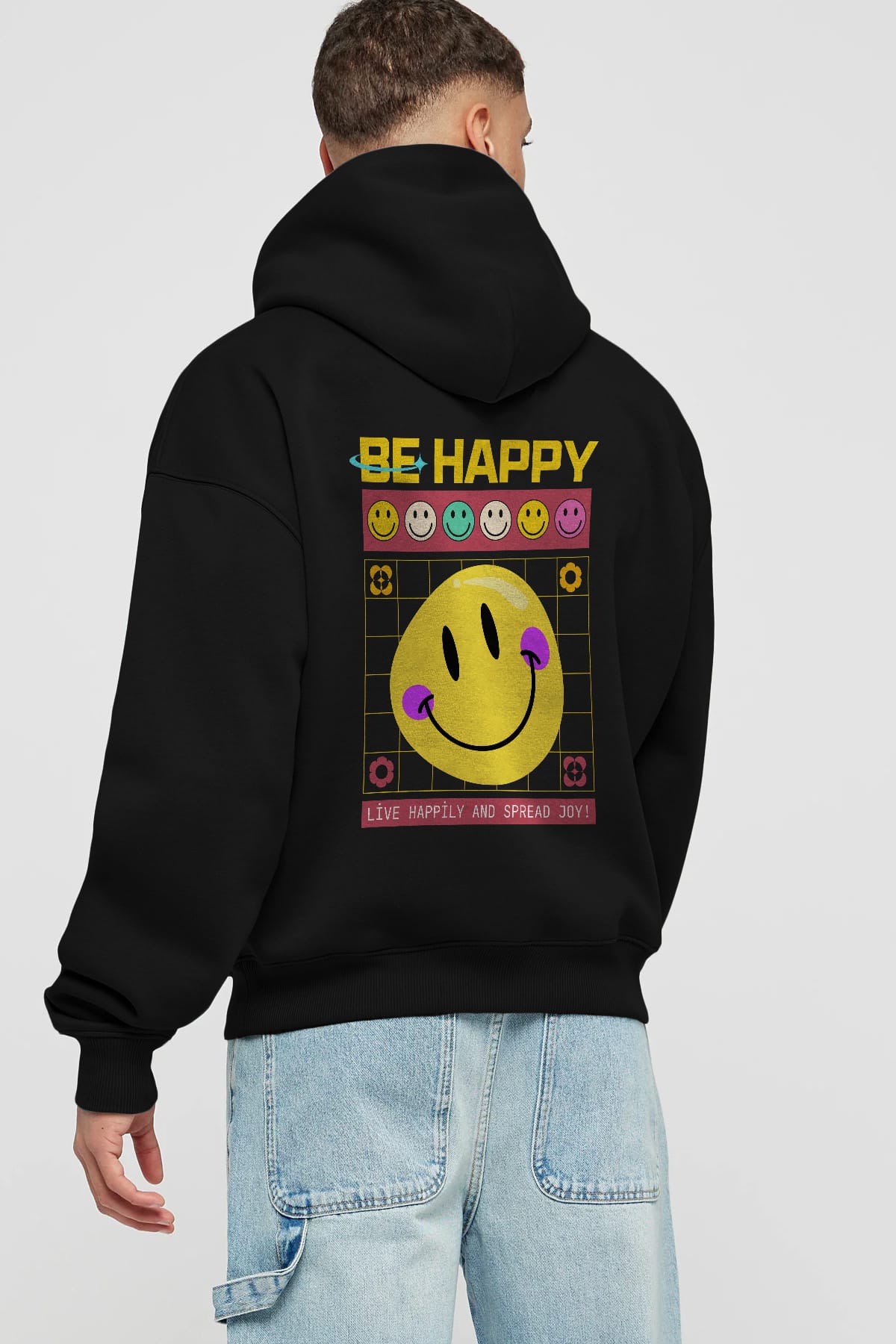 Be Happy Yazılı Arka Baskılı Oversize Hoodie Kapüşonlu Sweatshirt Erkek Kadın Unisex