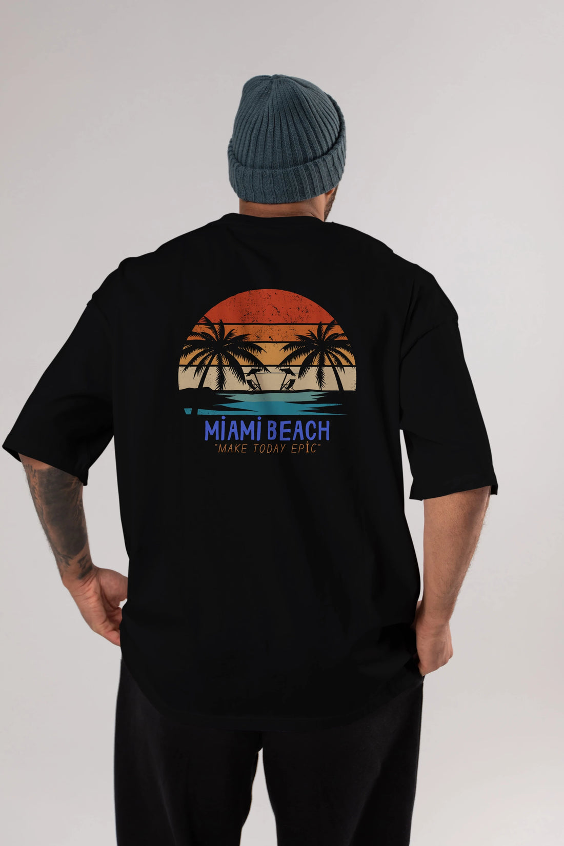 Miami Beach Yazılı Arka Baskılı Oversize t-shirt Erkek Kadın Unisex