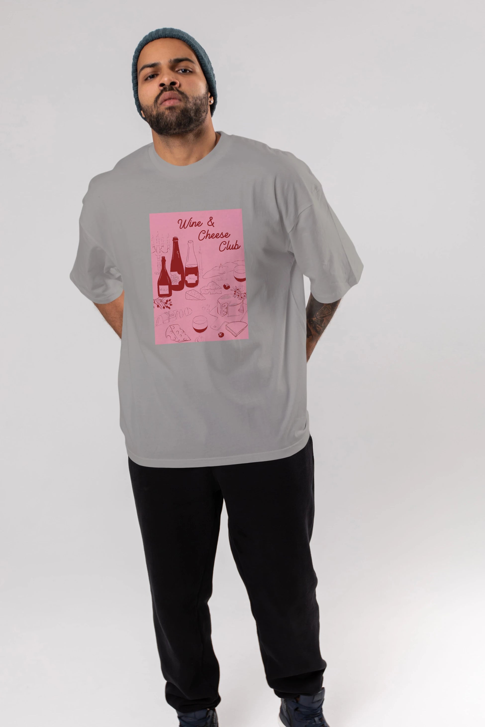Wine Cheese Club Ön Baskılı Oversize t-shirt Erkek Kadın Unisex %100 Pamuk Bisiklet Yaka tişort