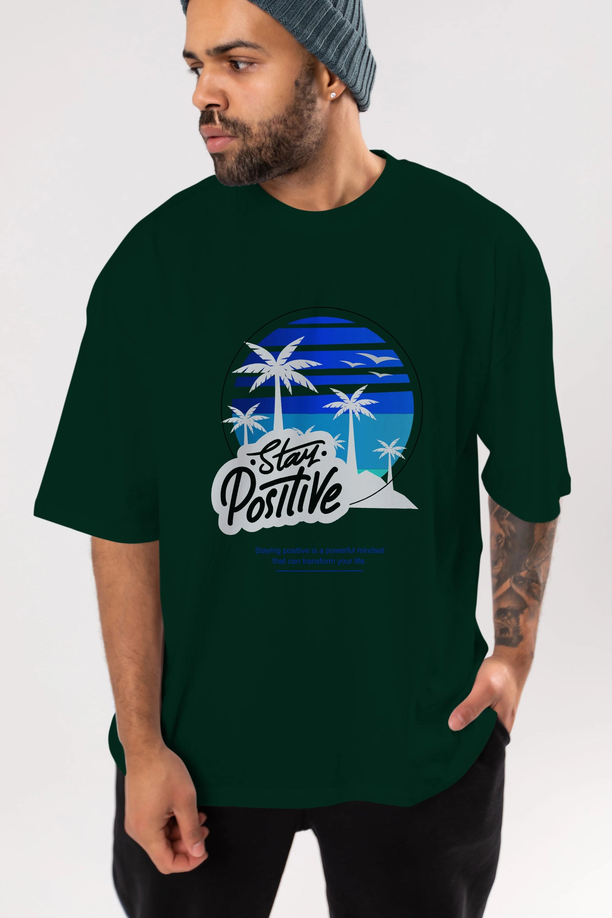 Stay Positive Yazılı Ön Baskılı Oversize t-shirt Erkek Kadın Unisex