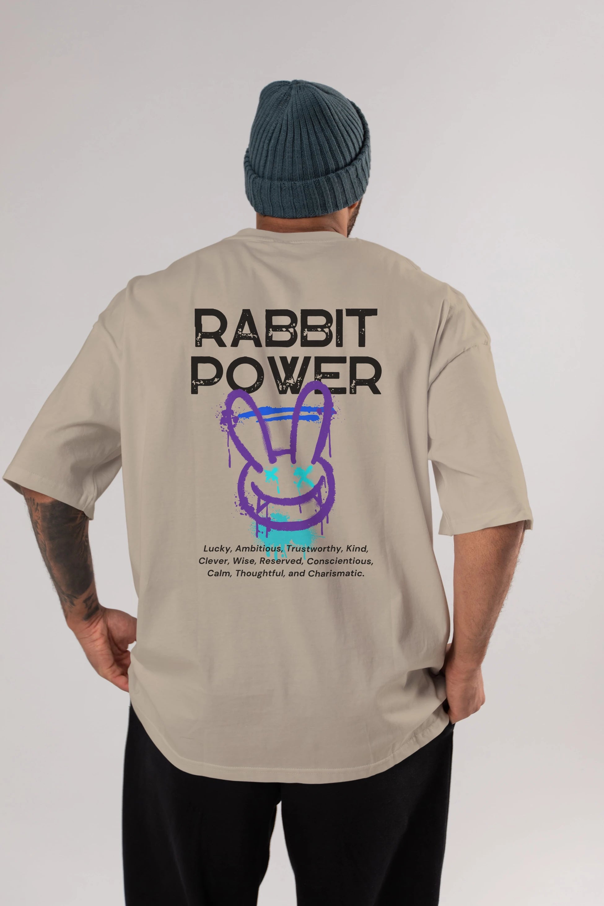 Rabbit Power Yazılı Arka Baskılı Oversize t-shirt Erkek Kadın Unisex