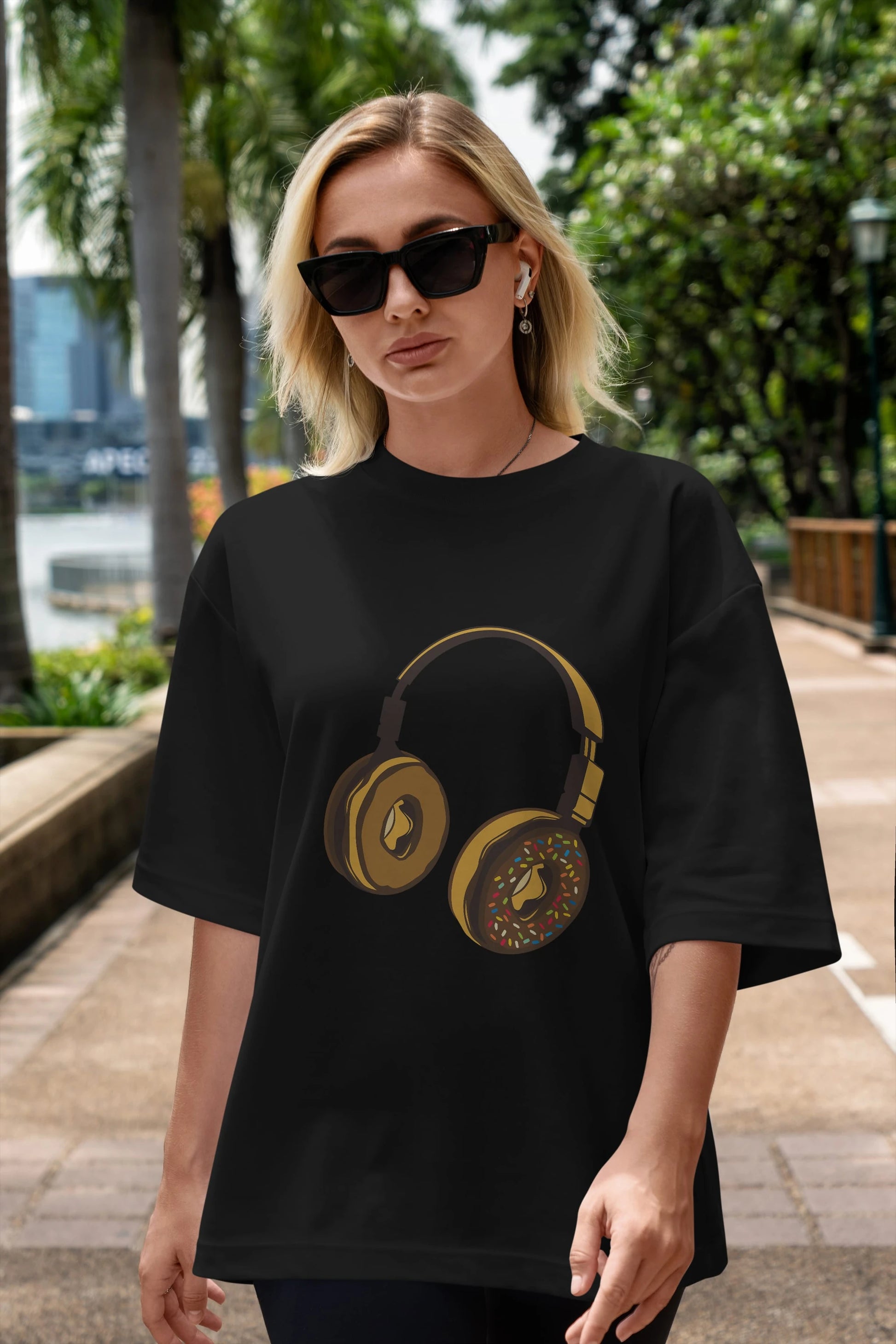 Headphone Donut Ön Baskılı Oversize t-shirt %100 pamuk Erkek Kadın Unisex