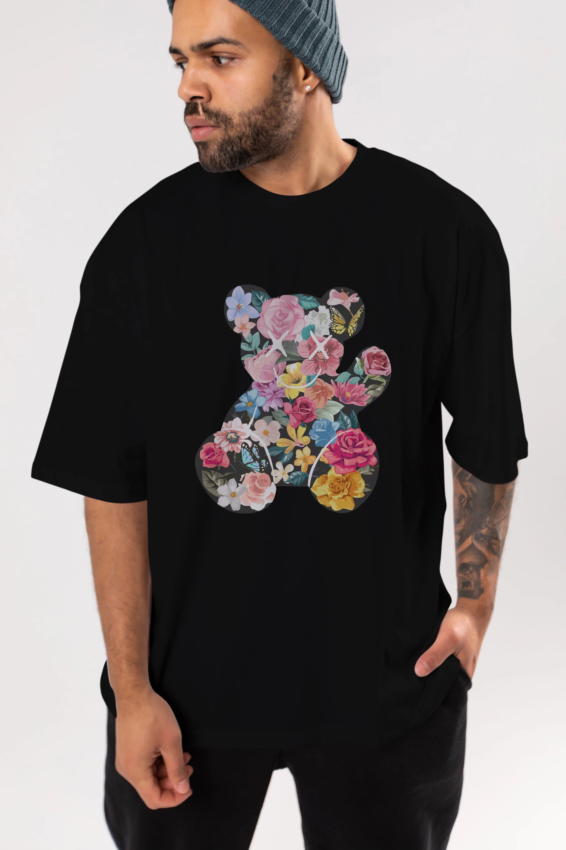 Flowers Bear Ön Baskılı Oversize t-shirt Erkek Kadın Unisex