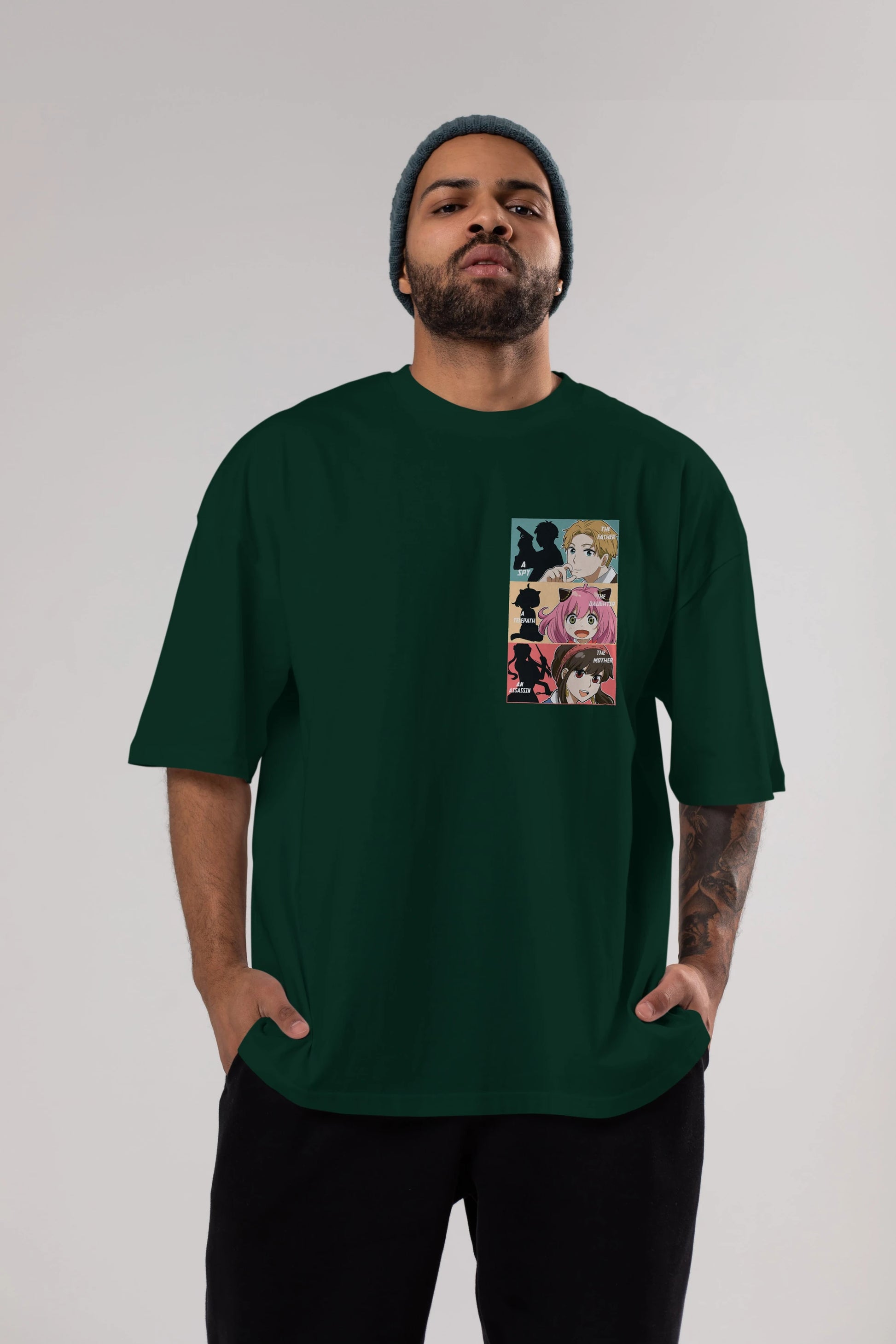 SPY X FAMILY Ön Sol Baskılı Oversize t-shirt Erkek Kadın Unisex %100 Pamuk Bisiklet Yaka tişort