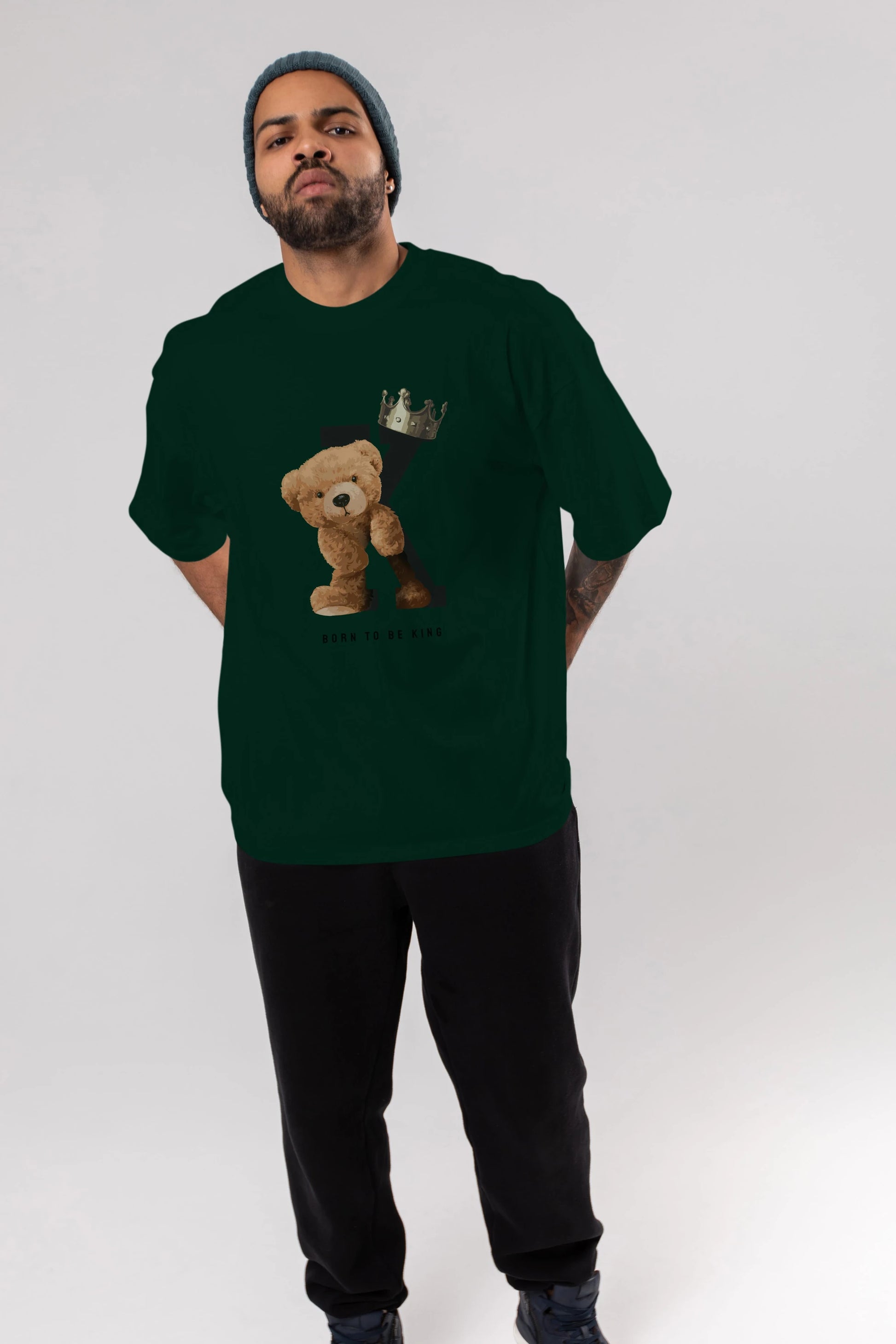 Teddy Bear Born To Be King Ön Baskılı Oversize t-shirt Erkek Kadın Unisex %100 Pamuk