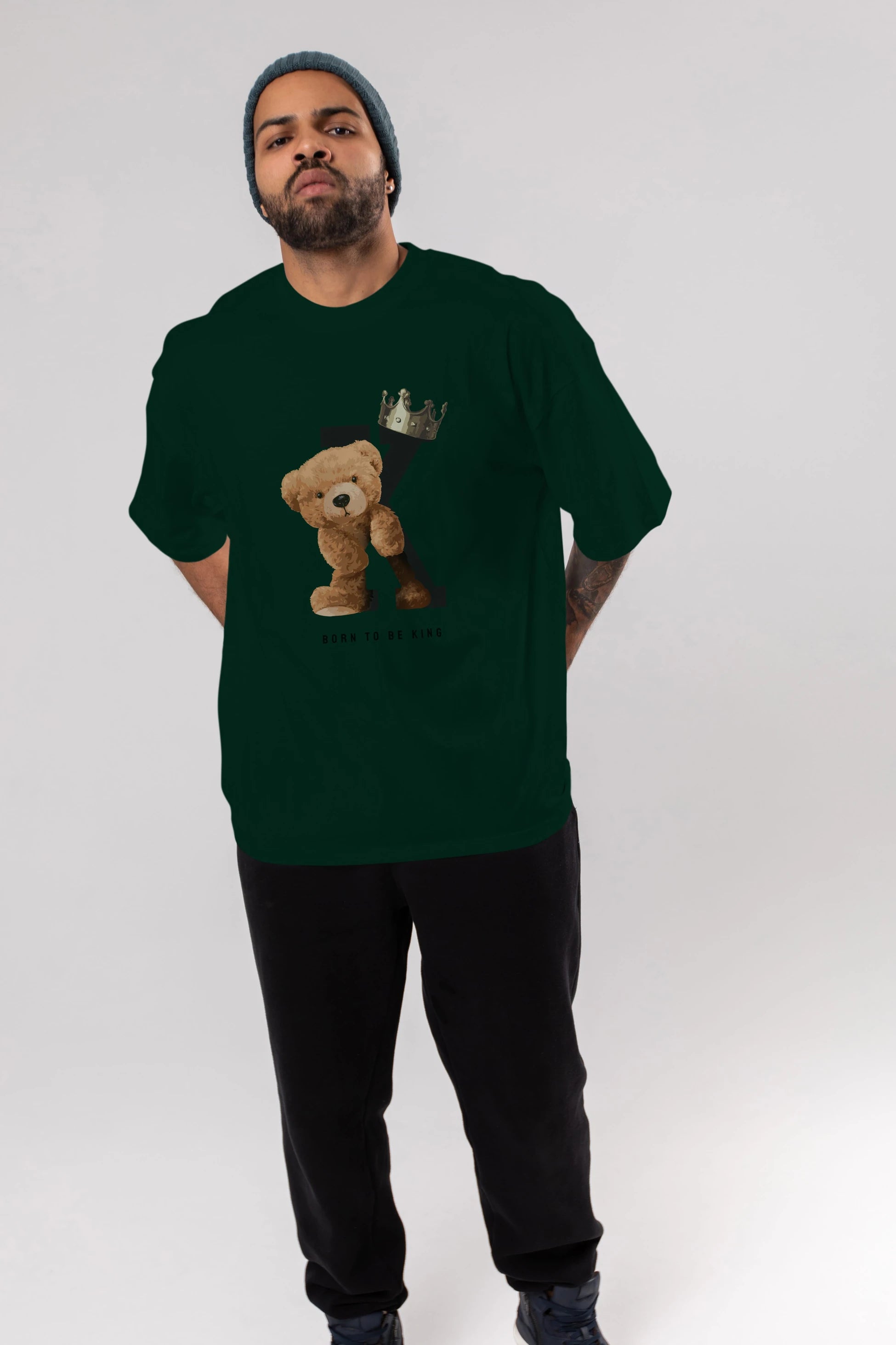 Teddy Bear Born To Be King Ön Baskılı Oversize t-shirt Erkek Kadın Unisex %100 Pamuk