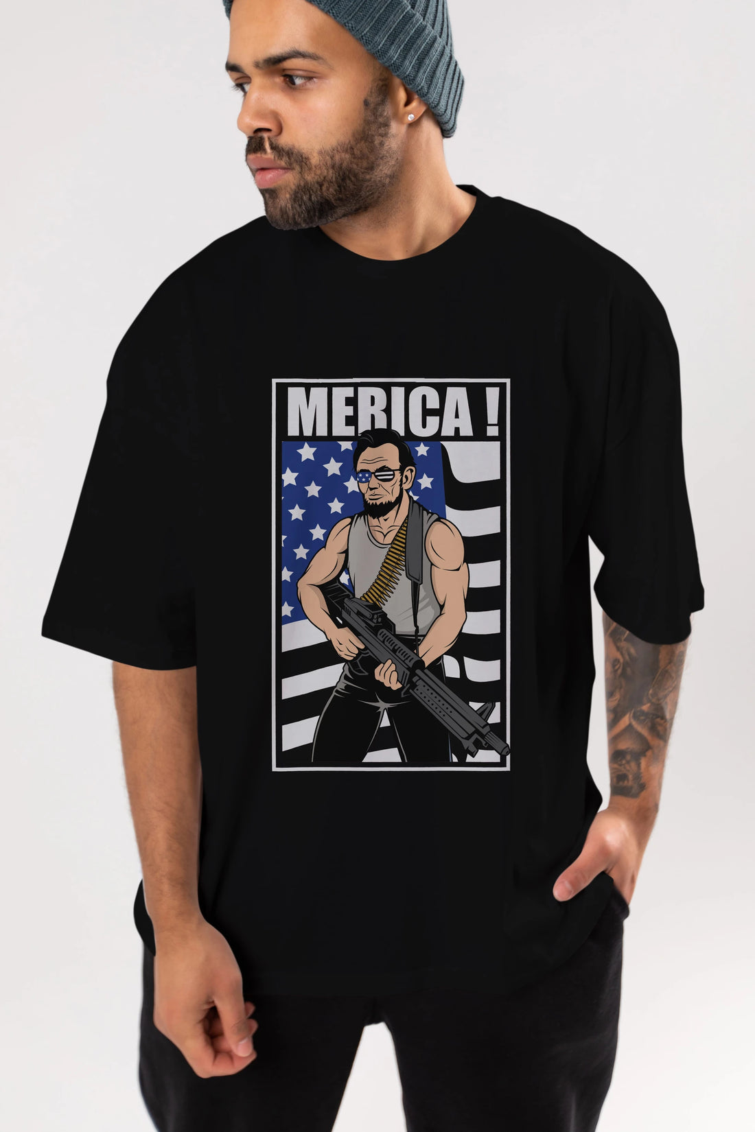 Lincoln Rambo Ön Baskılı Oversize t-shirt Erkek Kadın Unisex %100 Pamuk tişort