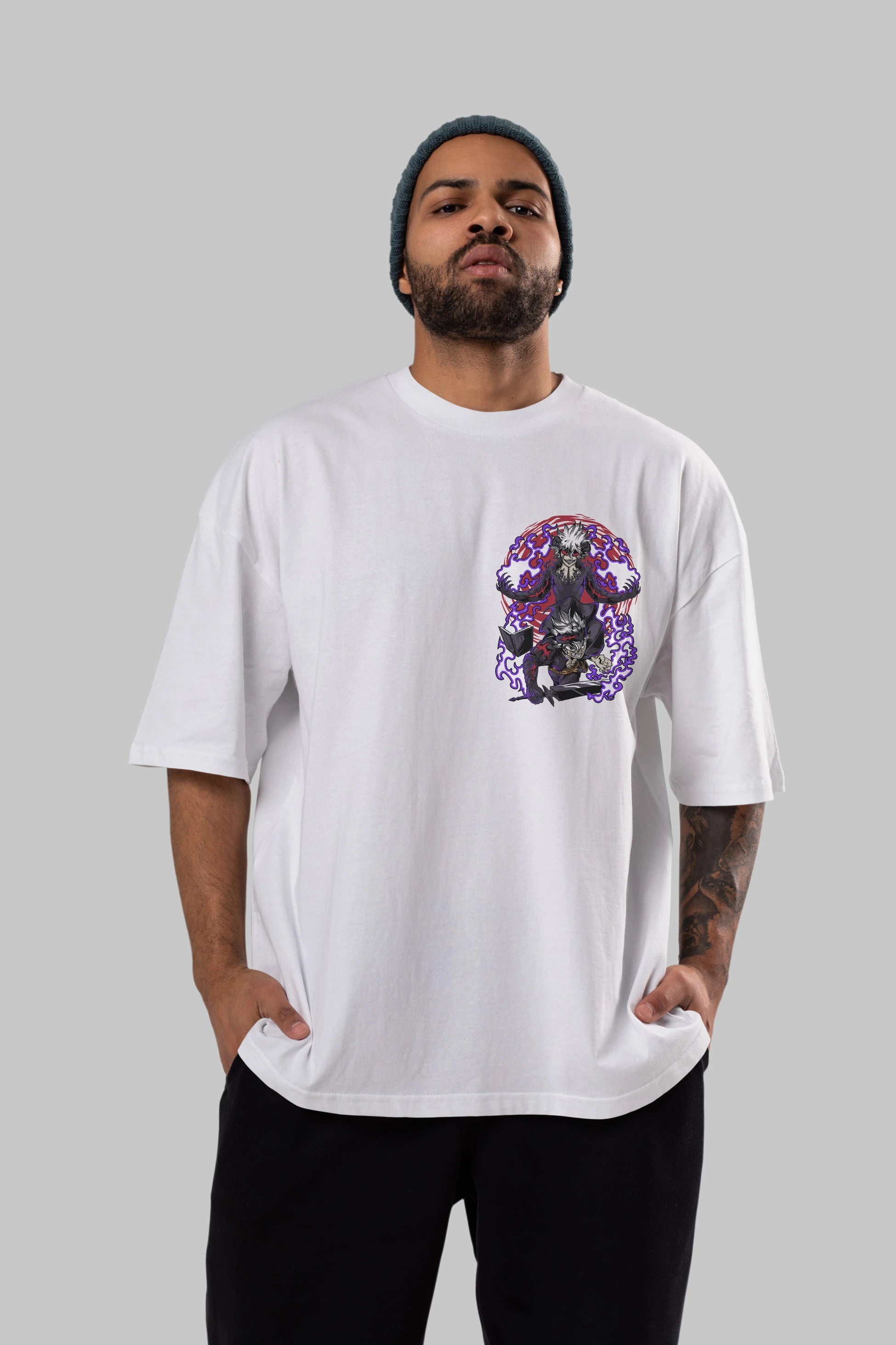 BLACK CLOVER DEVIL UNION Ön Sol Baskılı Oversize t-shirt Erkek Kadın Unisex %100 Pamuk Bisiklet Yaka tişort