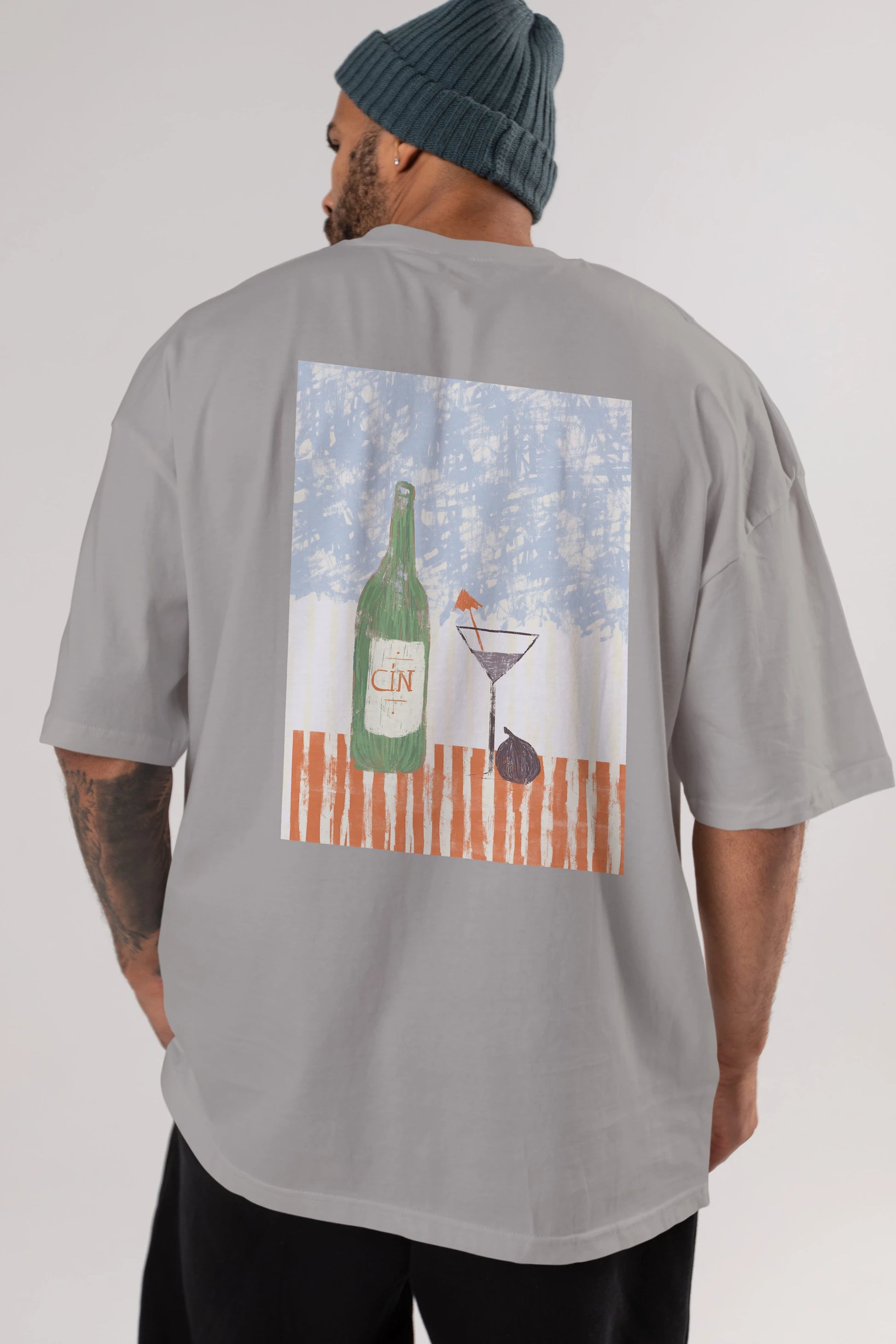 Gin Arka Baskılı Oversize t-shirt Erkek Kadın Unisex %100 Pamuk Bisiklet Yaka tişort