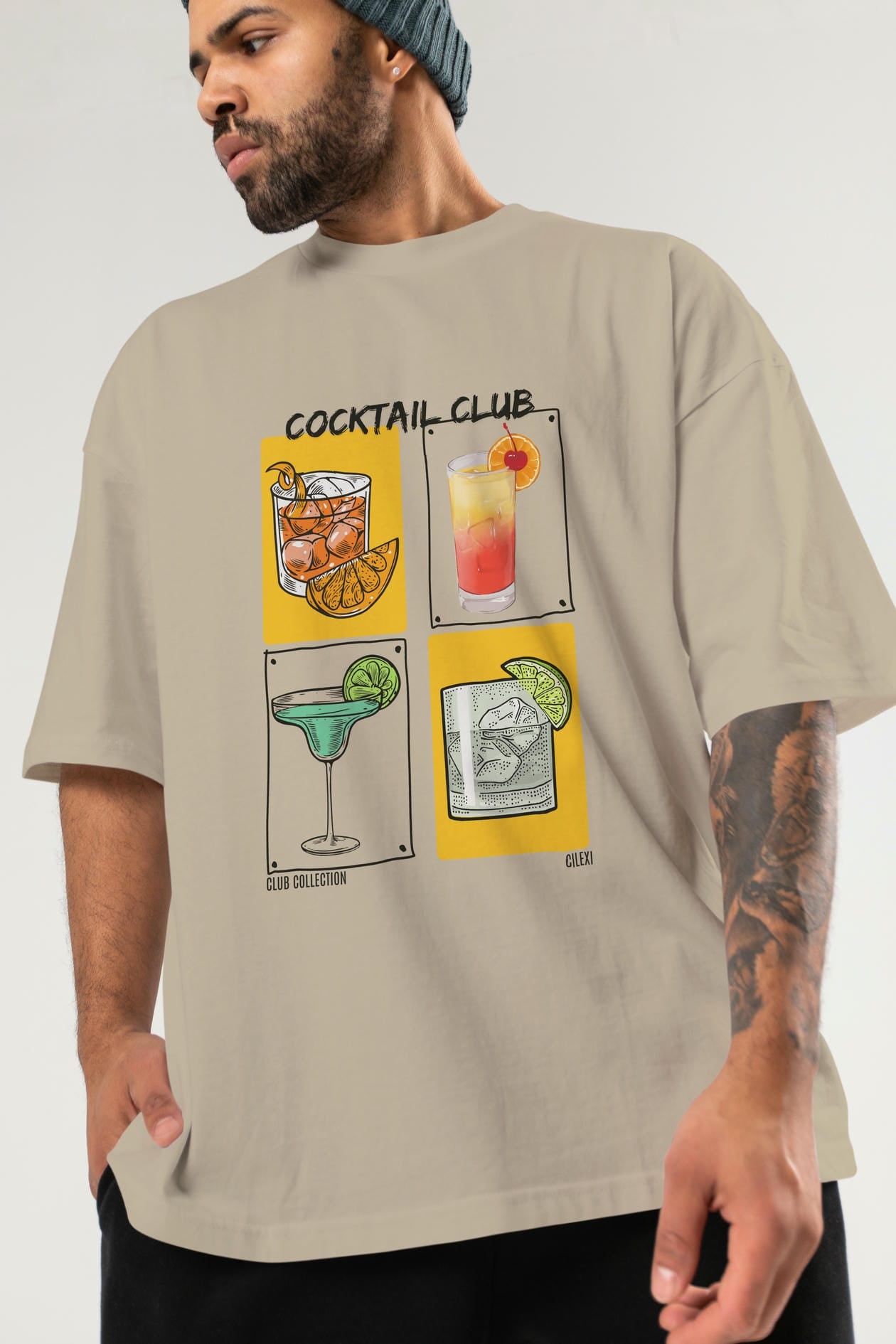 Cocktail Club ön Baskılı Oversize t-shirt Erkek Kadın %100 Pamuk Bisiklet Yaka tişort