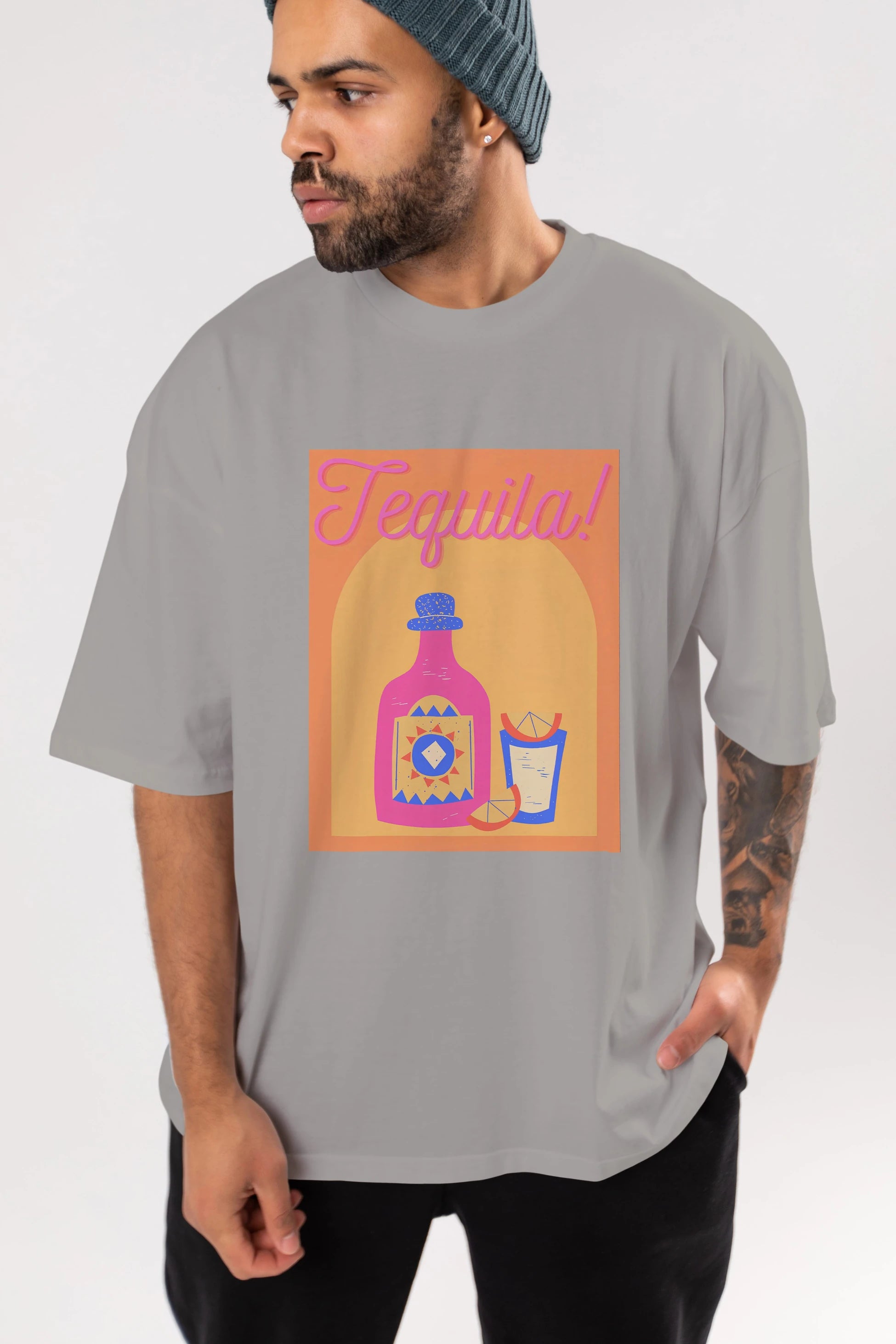 Tequila Ön Baskılı Oversize t-shirt Erkek Kadın Unisex %100 Pamuk Bisiklet Yaka tişort