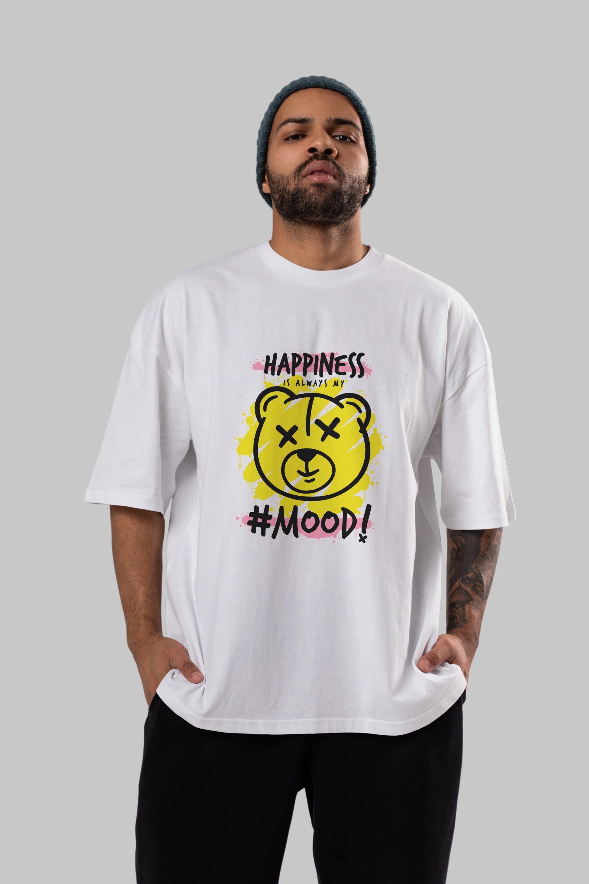 Happiness Mood Bear Ön Baskılı Oversize t-shirt Erkek Kadın Unisex
