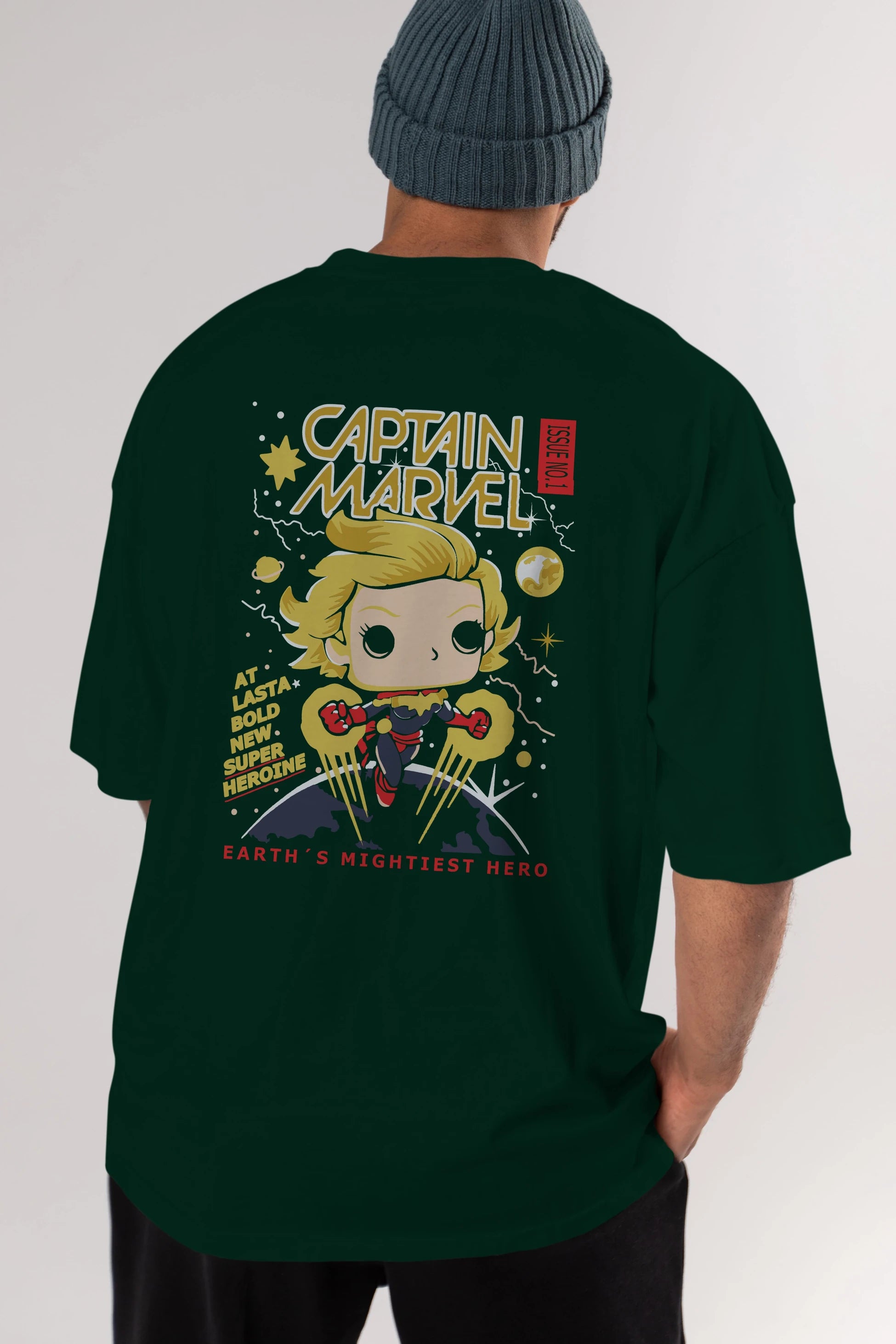 Captain Marvel Arka Baskılı Oversize t-shirt Erkek Kadın Unisex %100 Pamuk Bisiklet Yaka tişort