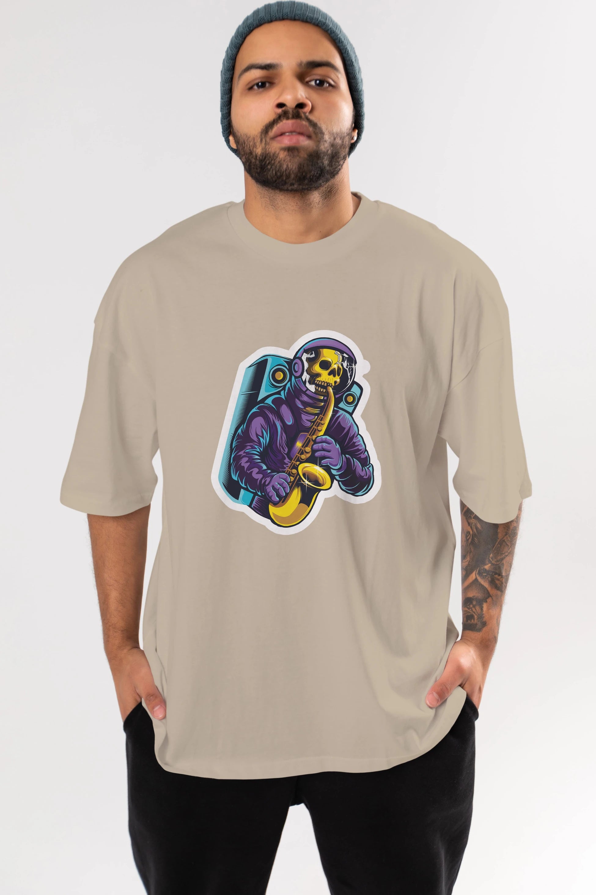 Astroskull Saxophonist Sticker Ön Baskılı Oversize t-shirt Erkek Kadın Unisex