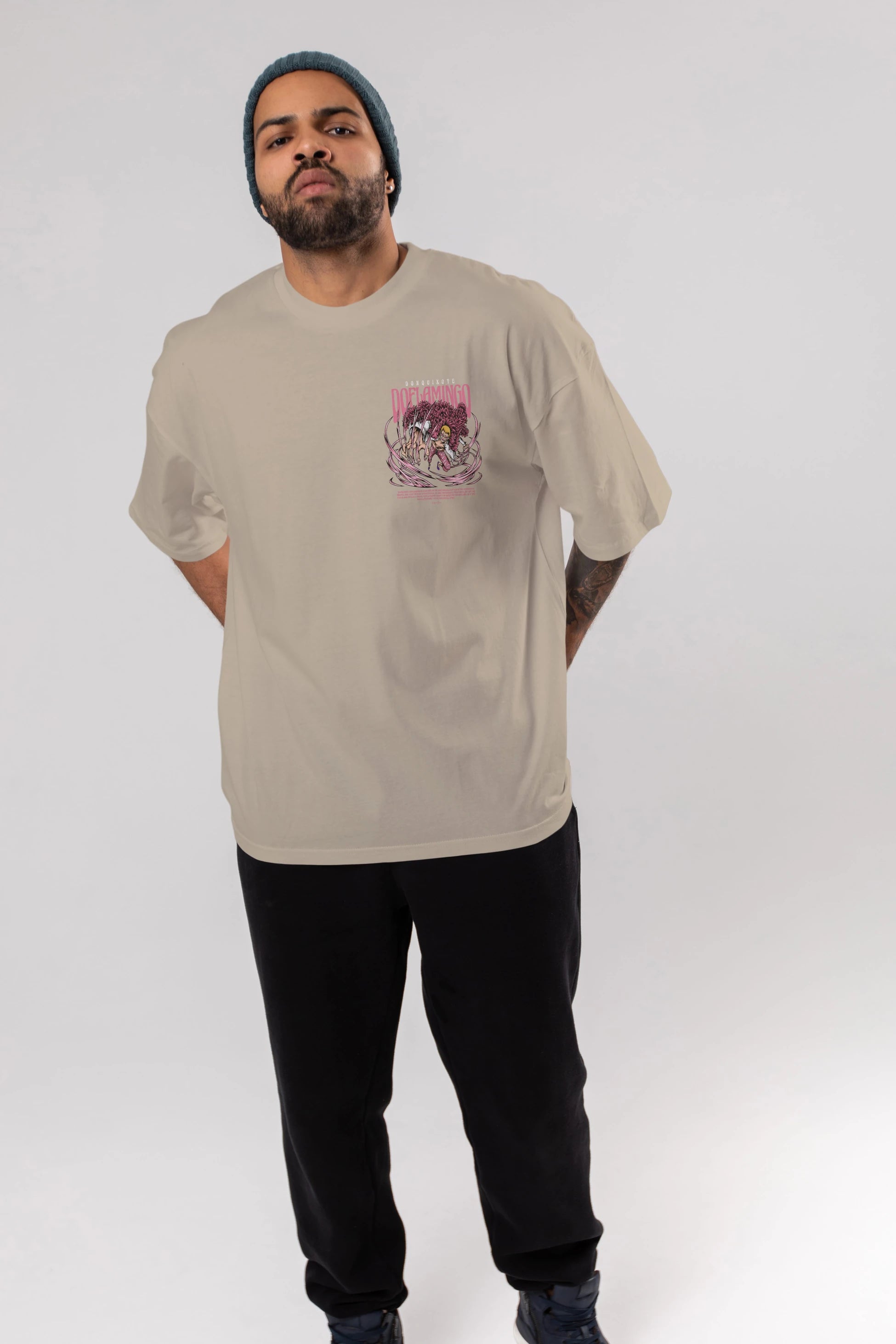 Doflamingo Ön Sol Baskılı Oversize t-shirt Erkek Kadın Unisex %100 Pamuk Bisiklet Yaka tişort