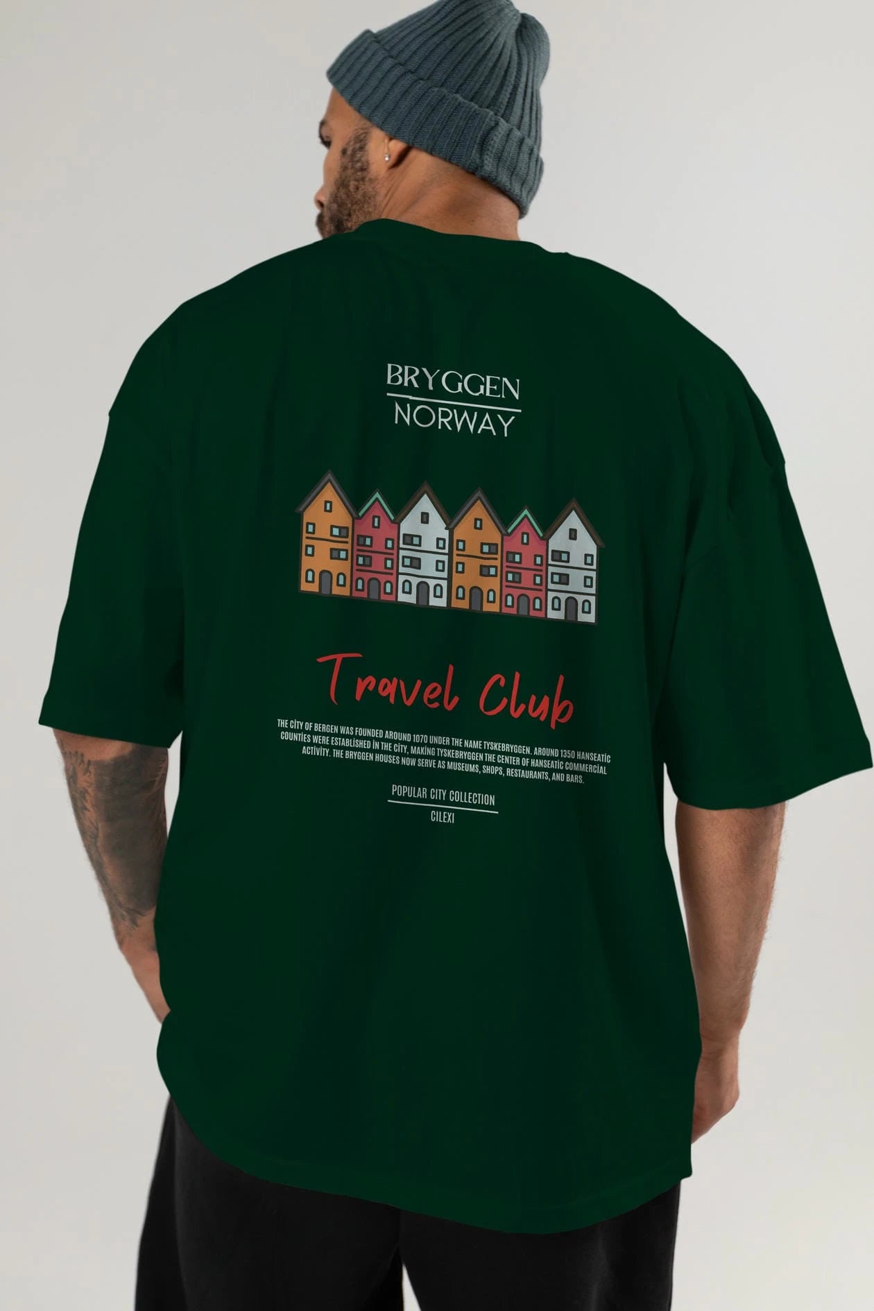 Bryggen Norway Arka Baskılı Oversize t-shirt Erkek Kadın Pamuk Bisiklet Yaka tişort