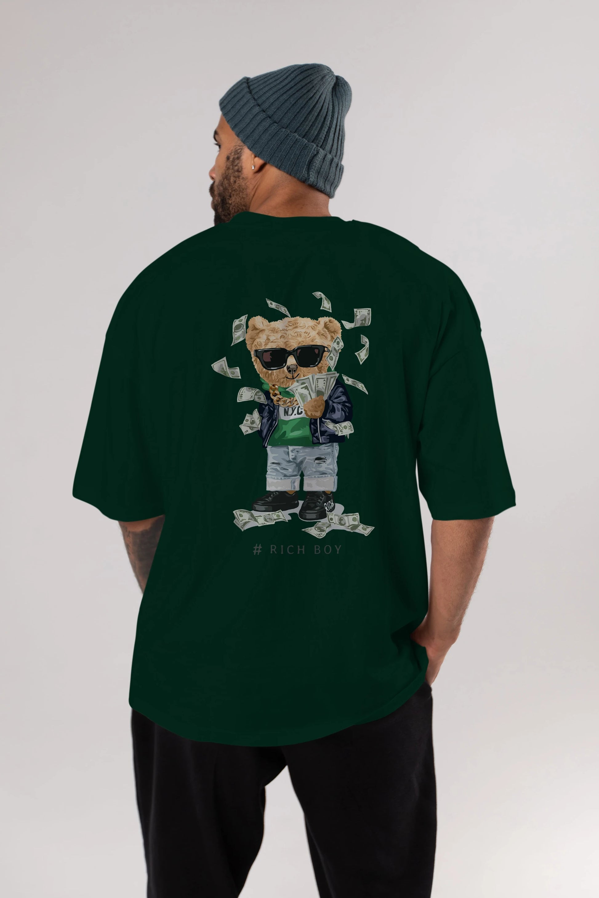 Teddy Bear Rich Boy Arka Baskılı Oversize t-shirt Erkek Kadın Unisex %100 Pamuk