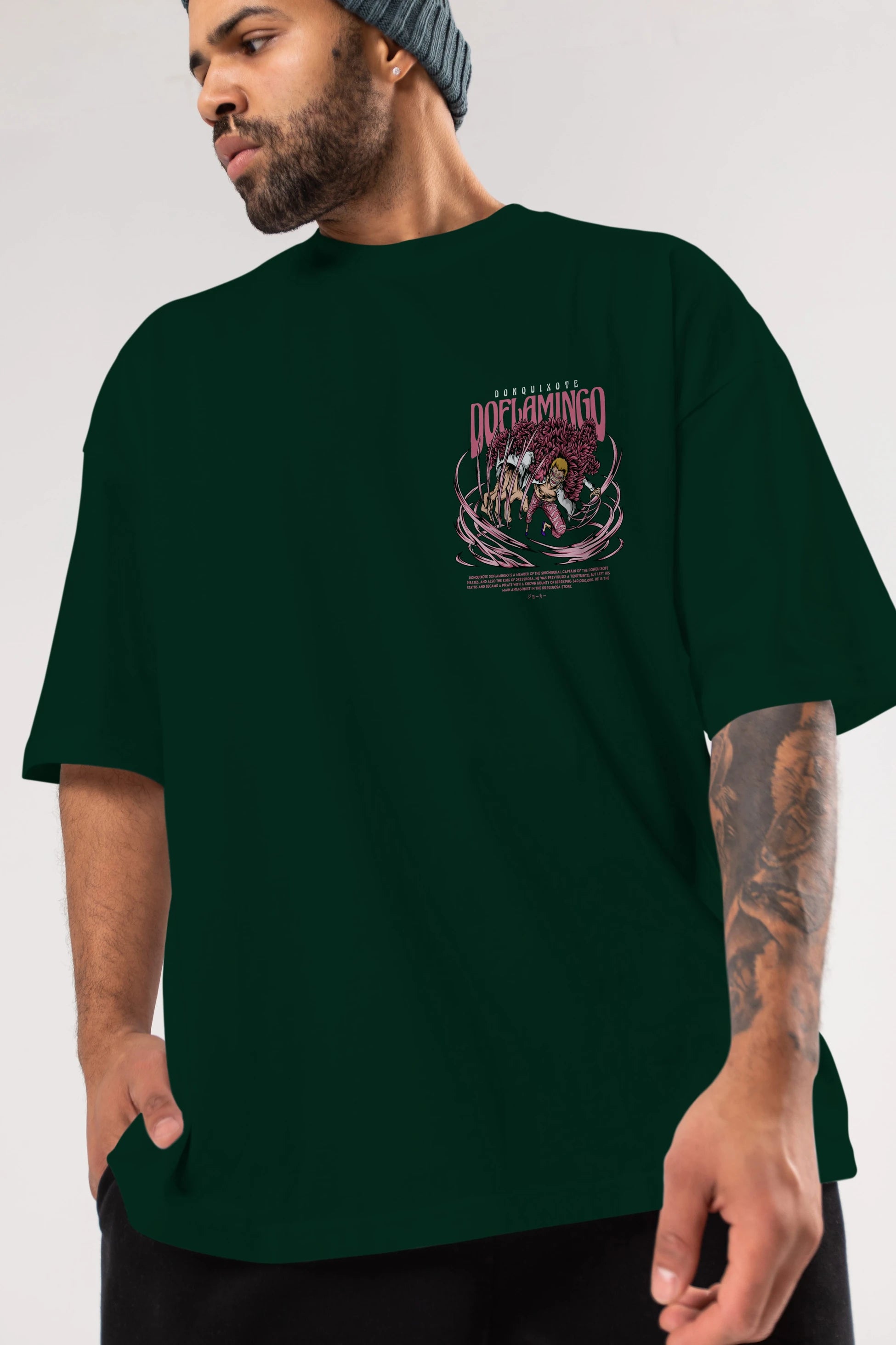 Doflamingo Ön Sol Baskılı Oversize t-shirt Erkek Kadın Unisex %100 Pamuk Bisiklet Yaka tişort
