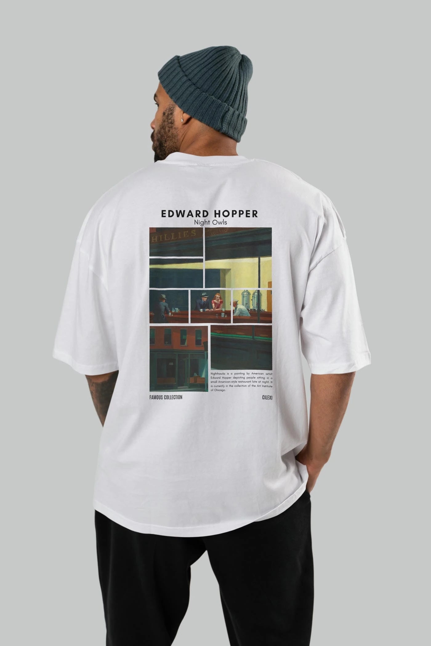Edward Hopper Night Owls Arka Baskılı Oversize t-shirt Erkek Kadın Bisiklet Yaka Pamuk tişort