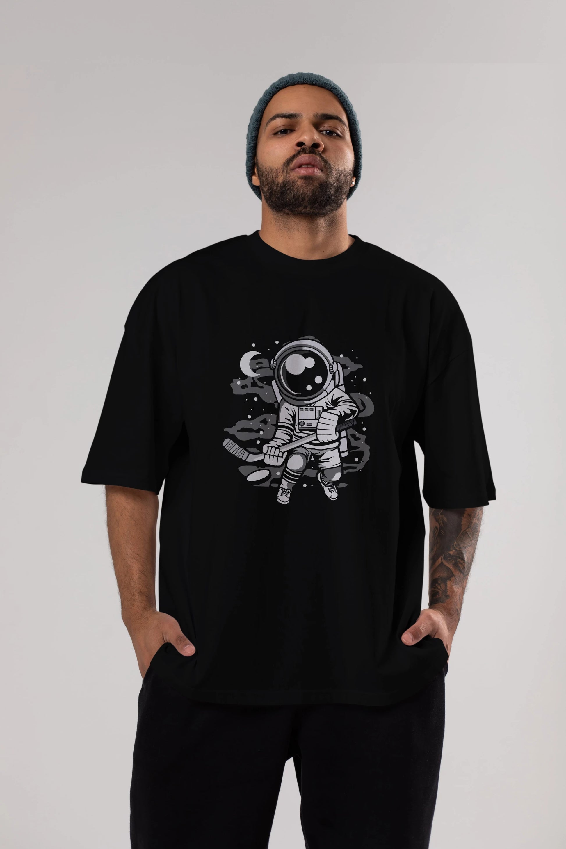 Hockey Player Astronaut Ön Baskılı Oversize t-shirt Erkek Kadın Unisex