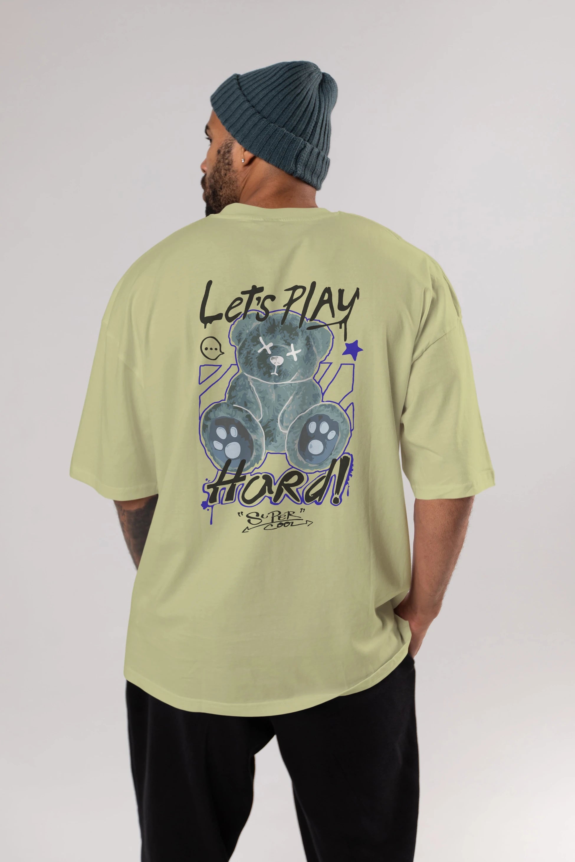 Lets Play Hard Bear Arka Baskılı Oversize t-shirt Erkek Kadın Unisex