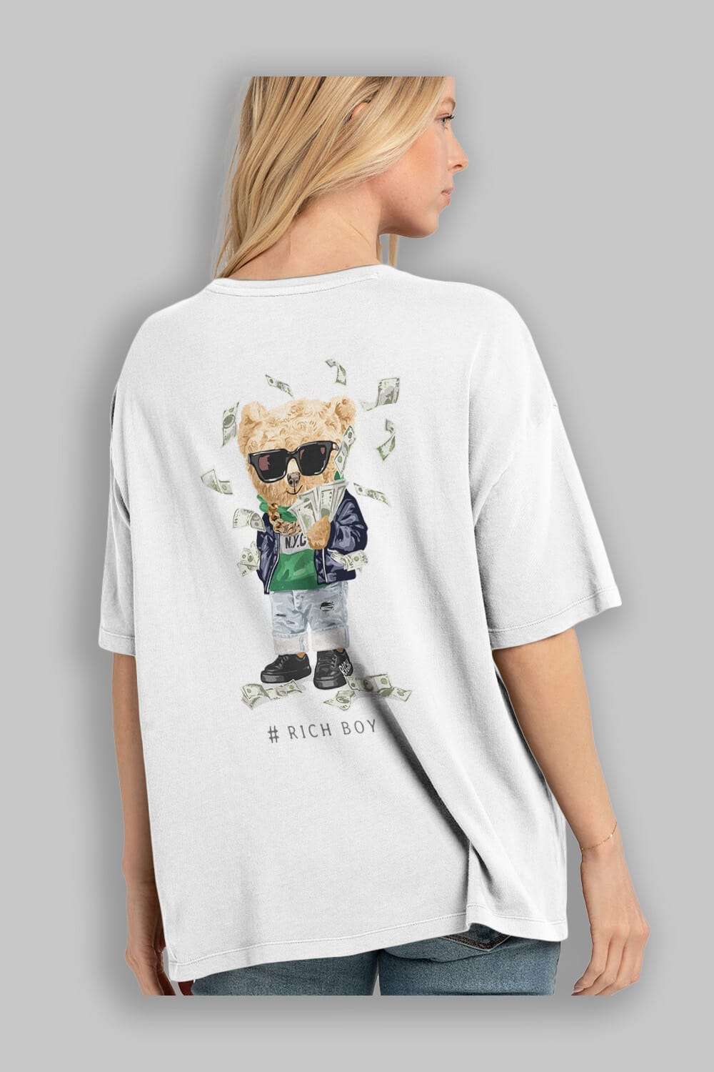 Teddy Bear Rich Boy Arka Baskılı Oversize t-shirt Erkek Kadın Unisex %100 Pamuk