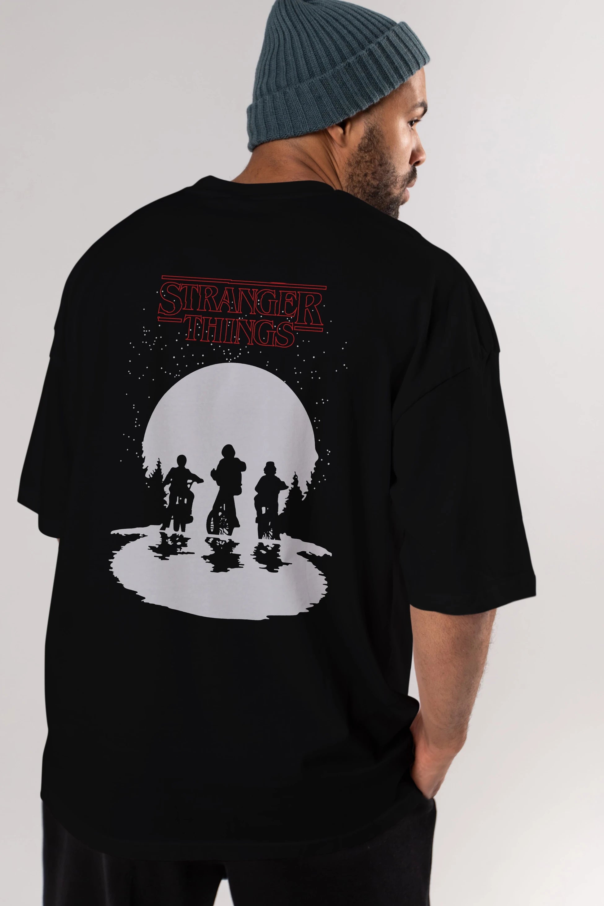 Stranger Things Arka Baskılı Oversize t-shirt Erkek Kadın Unisex %100 Pamuk Bisiklet Yaka tişort