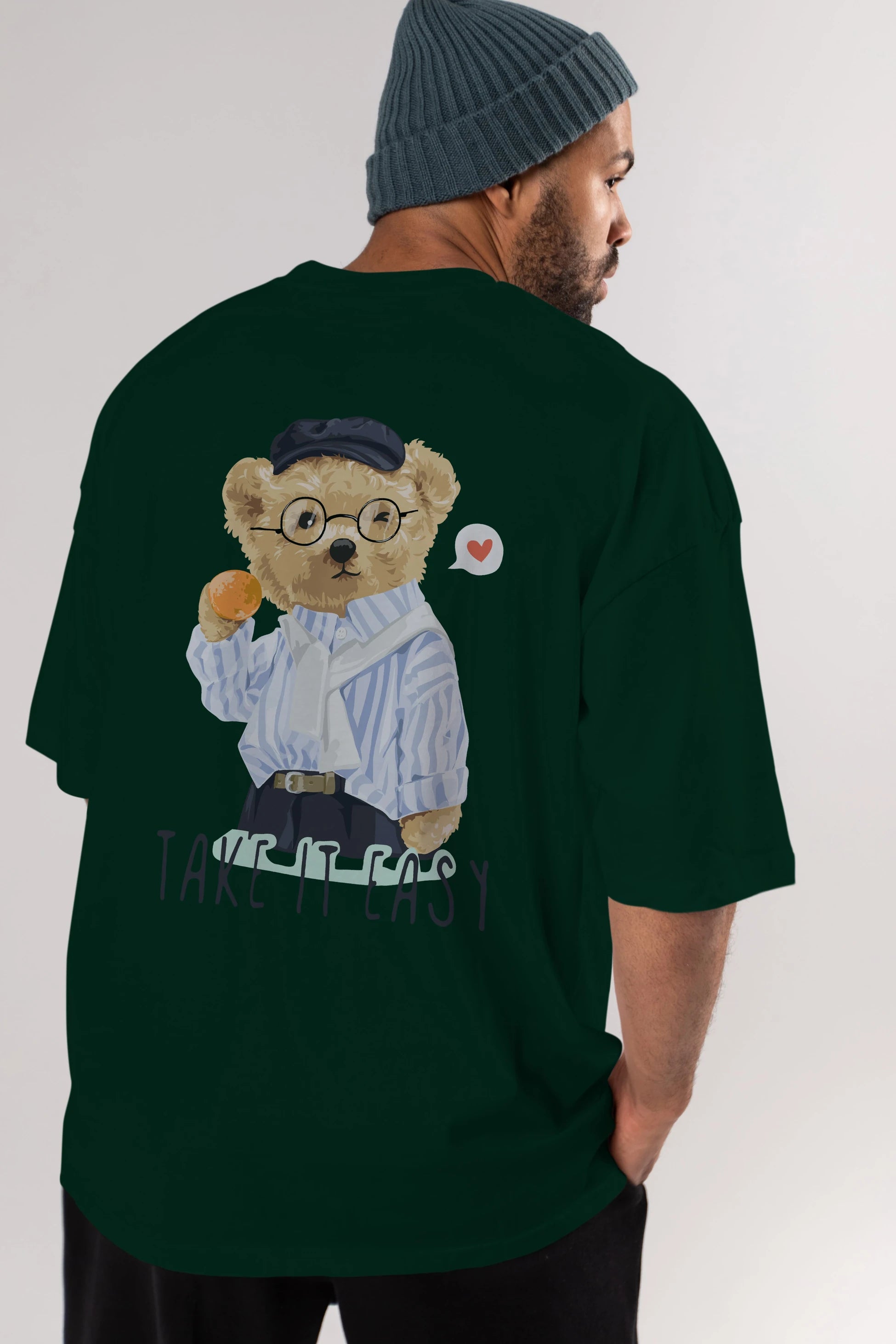 Teddy Bear Take it Easy Arka Baskılı Oversize t-shirt Erkek Kadın Unisex %100 Pamuk