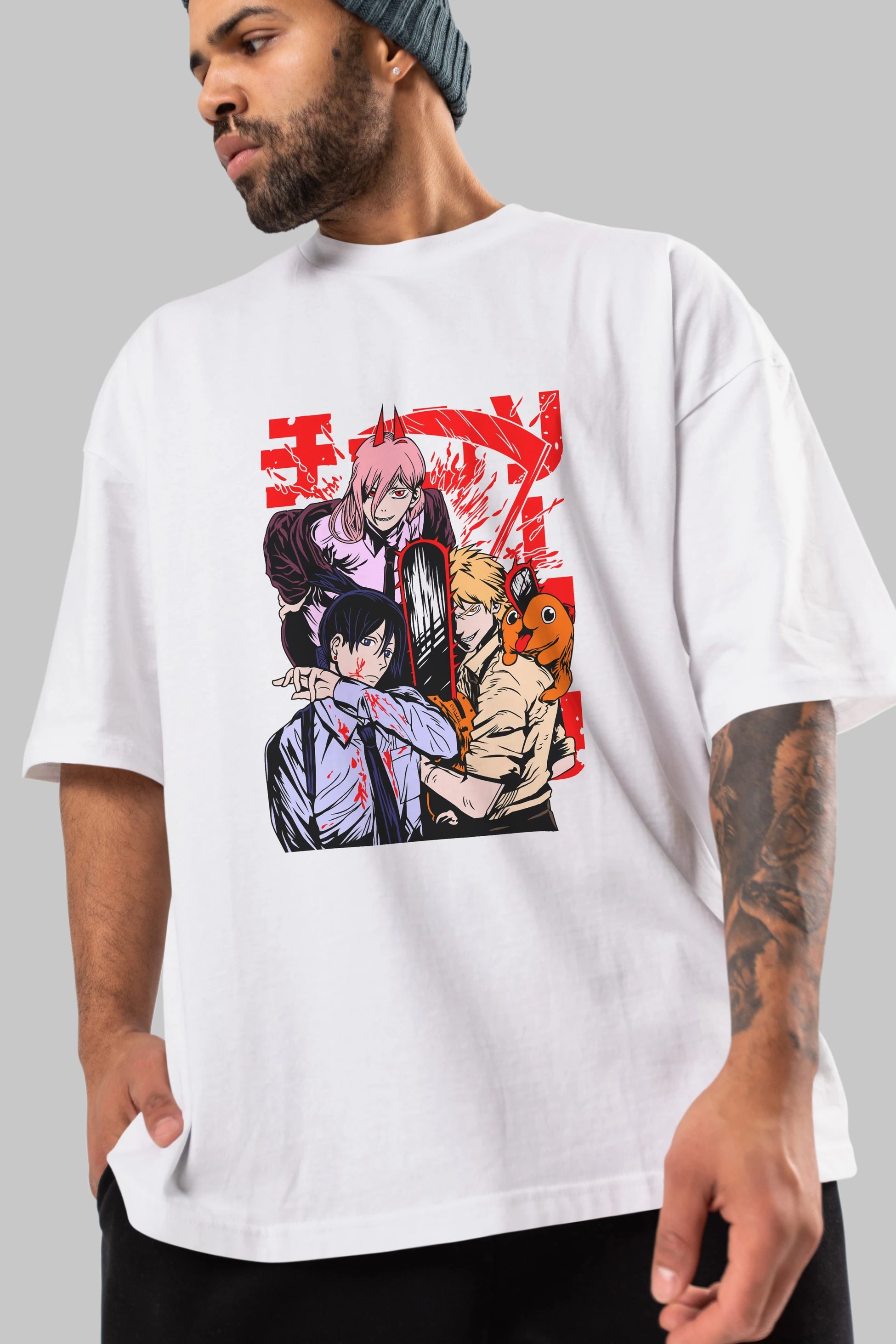 CHAINSAWMAN CREW Anime Ön Baskılı Oversize t-shirt %100 pamuk Erkek Kadın Unisex